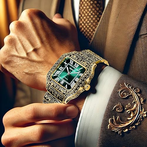 Miniatura 3 de MEIRUIQI Reloj automático de lujo, caja de patrón vintage en tono dorado, esfera cuadrada verde con números romanos, Dorado y Negro, Lujo Vintage