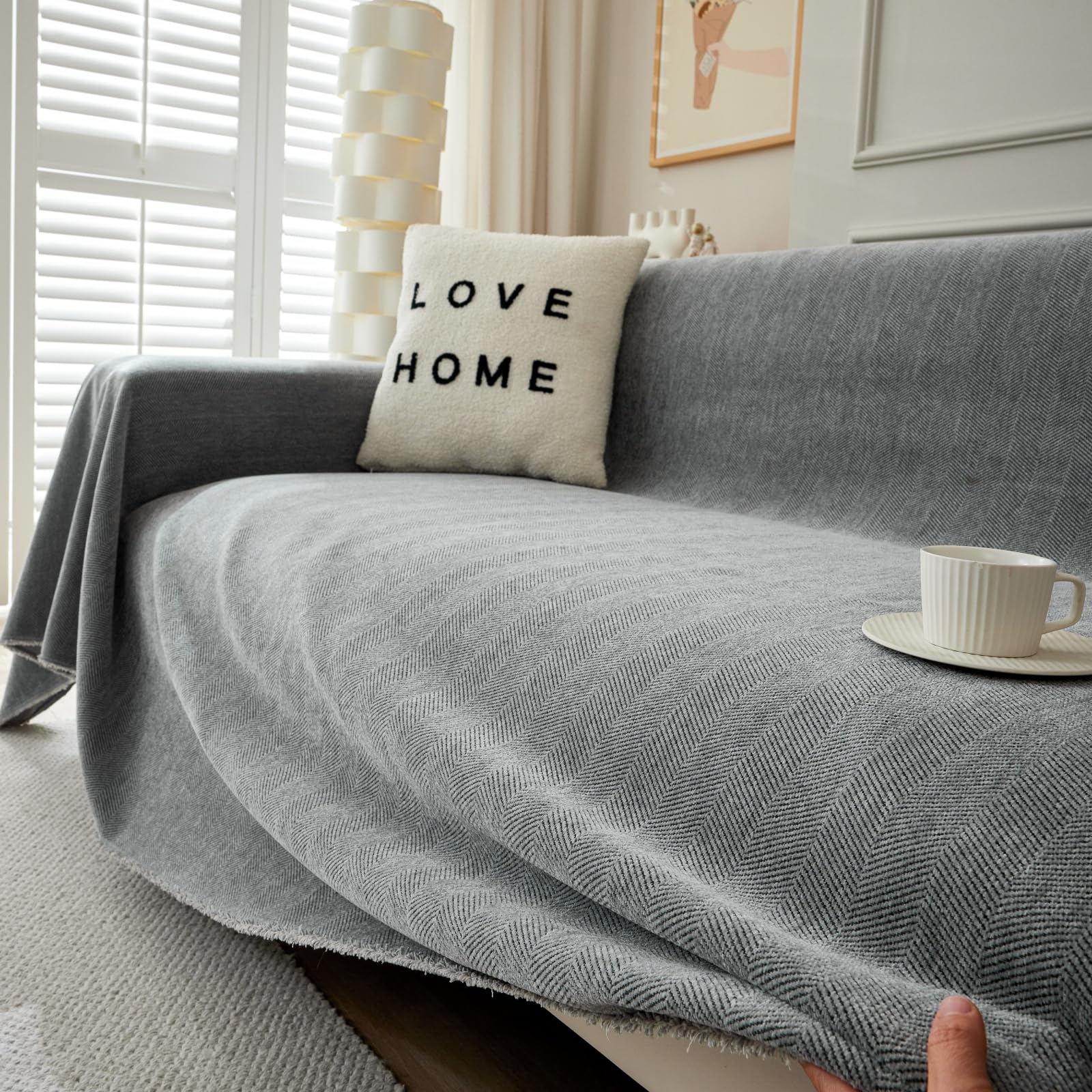 TAOTAOGO Sofa Cover 2 3 Seater Chenille Corner Sofa Slipcover Washable L Shape Sectional Couch Cover Furniture Protector for Pet All-Season B Herringbone B Dark Grey 230x300cm