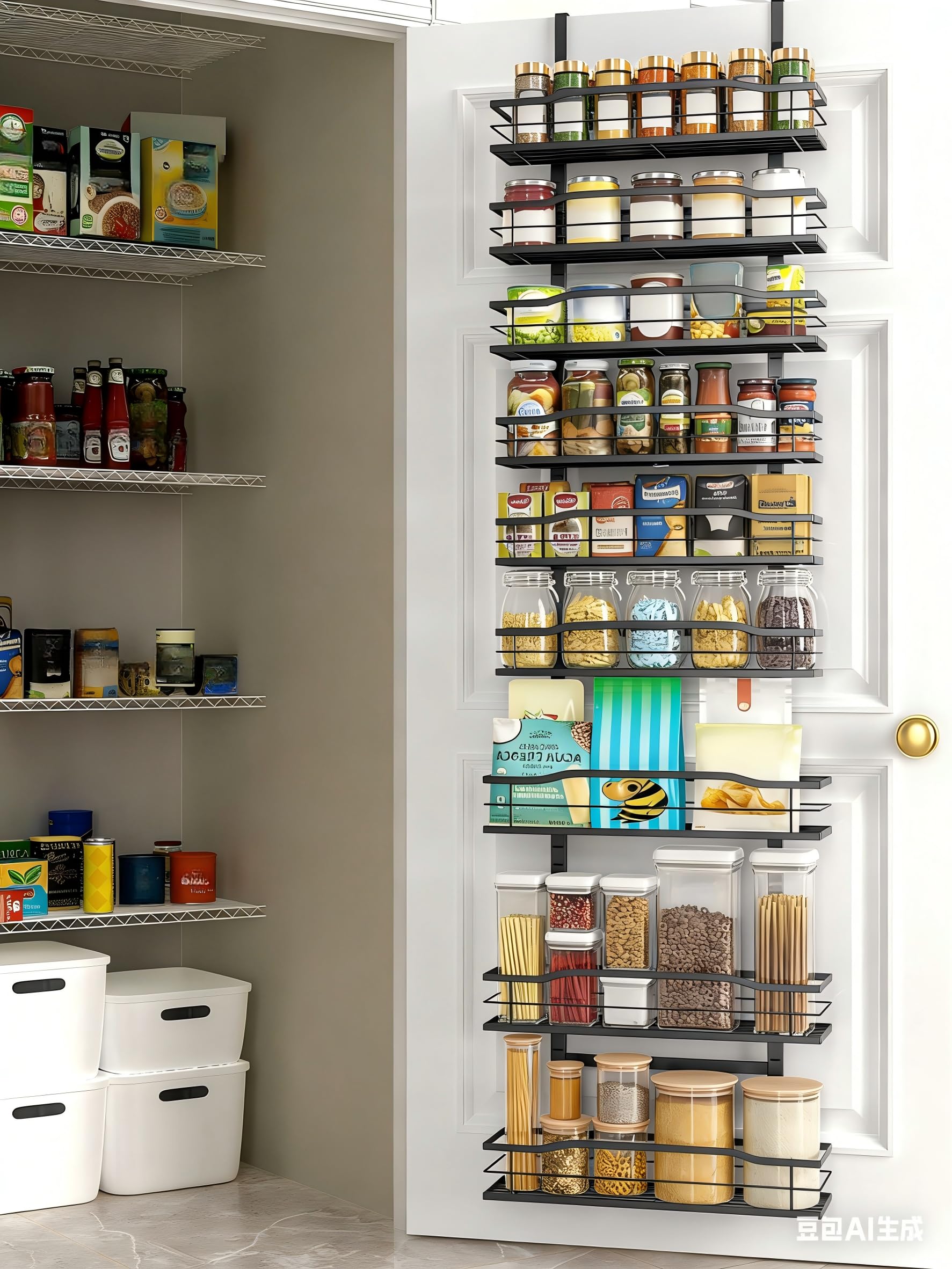Moforoco roco Weißer 9-stöckiger Organizer für Speisekammer, Speisekammer-Organisation und Aufbewahrung, Metall-Gewürzregal, zum Aufhängen, für Tür, Zuhause und Küche, Essentials, Waschküche,