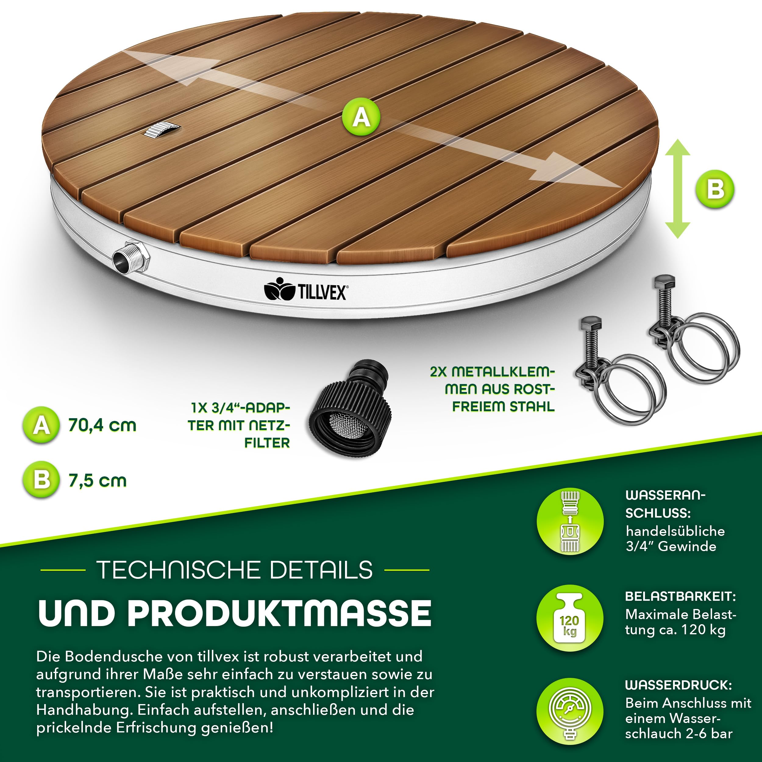 tillvex® Gartendusche Outdoor bis 4 m Fontänenhöhe | Bodendusche rund mit Fußrad | Außendusche rutschfest | Saunadusche wetterfest | Campingdusche aus Aluminium/WPC/Holzoptik