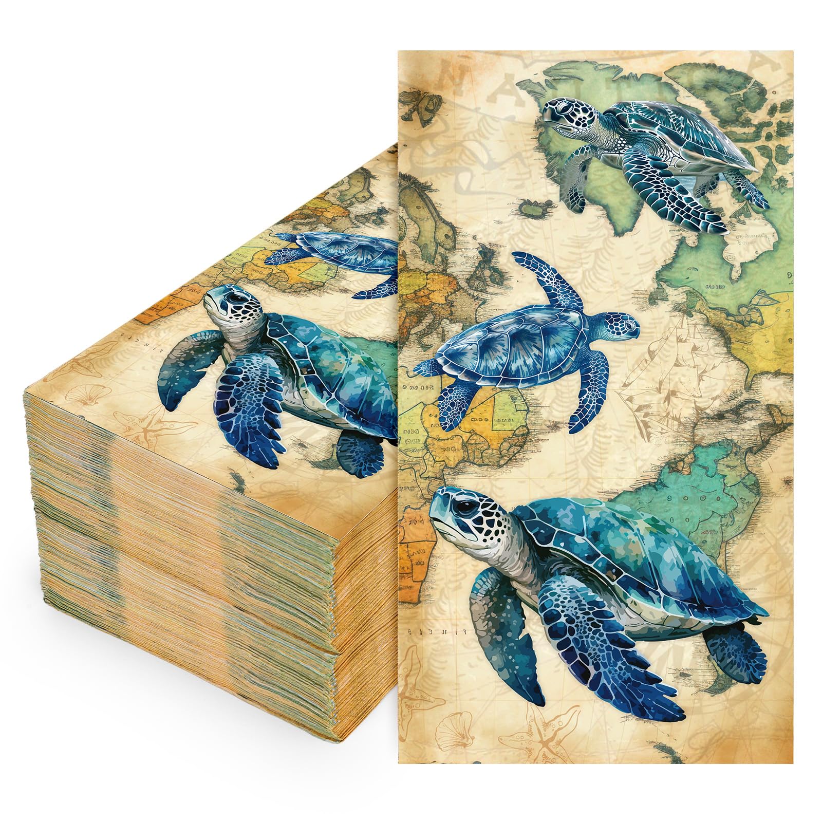 FYSUIMU 50 Pcs Sea Turtle Guest Napkins Vintage Ocean Animal Disposable Napkins Summer Dinner Hand Paper Napkin for Bathroom Birthday Holiday Party