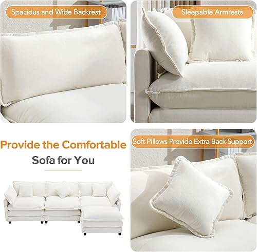 Miniatura 6 de JUSTONE Sofá modular tapizado de felpilla en forma de L de 111.4 pulgadas para sala de estar, sofá moderno de lujo con otomana, 5 almohadas, (beige)