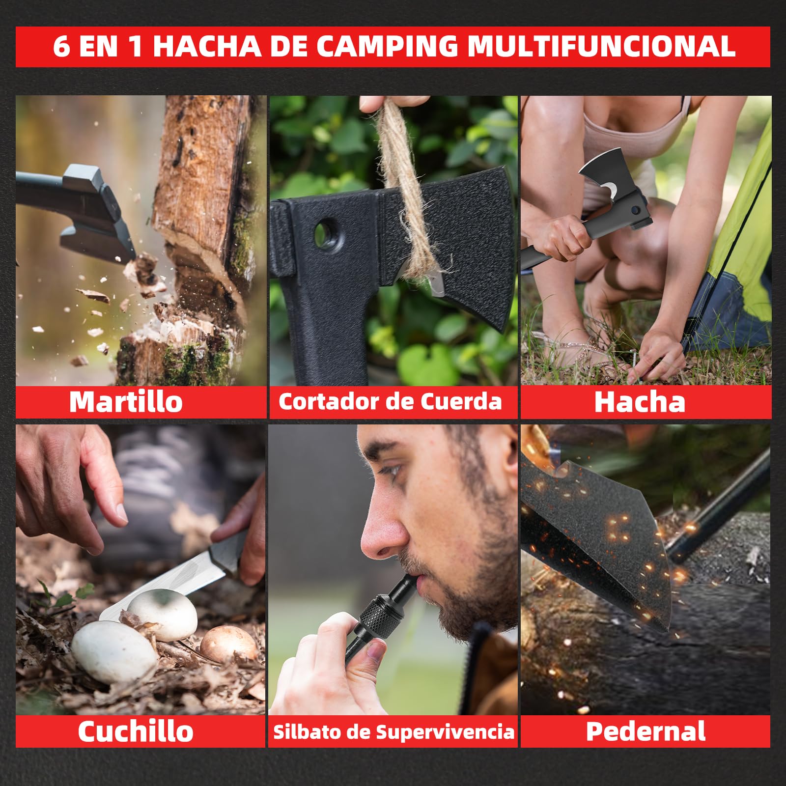 ZKH Hacha Camping 6 en 1, Herramienta Multifunción, Supervivencia en Camping, Cierre de Seguridad, Ligera, Fácil de Llevar Regalo de Hombre para Canguro, Outdoor, Reparación, Senderismo
