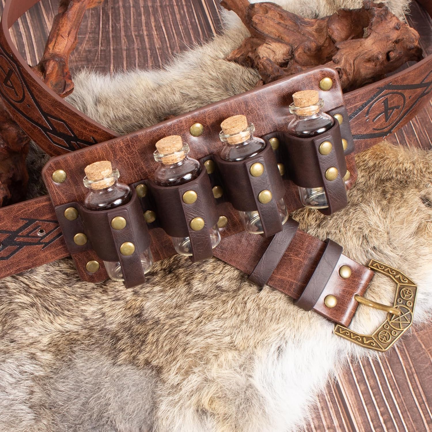 4 PCs Medieval Alchemy Belt Waist Pack Potion Bottle Vials Rerto Renaissance Belt Coin Purse Pouch Cosplay Costume (Brown) - Image 4