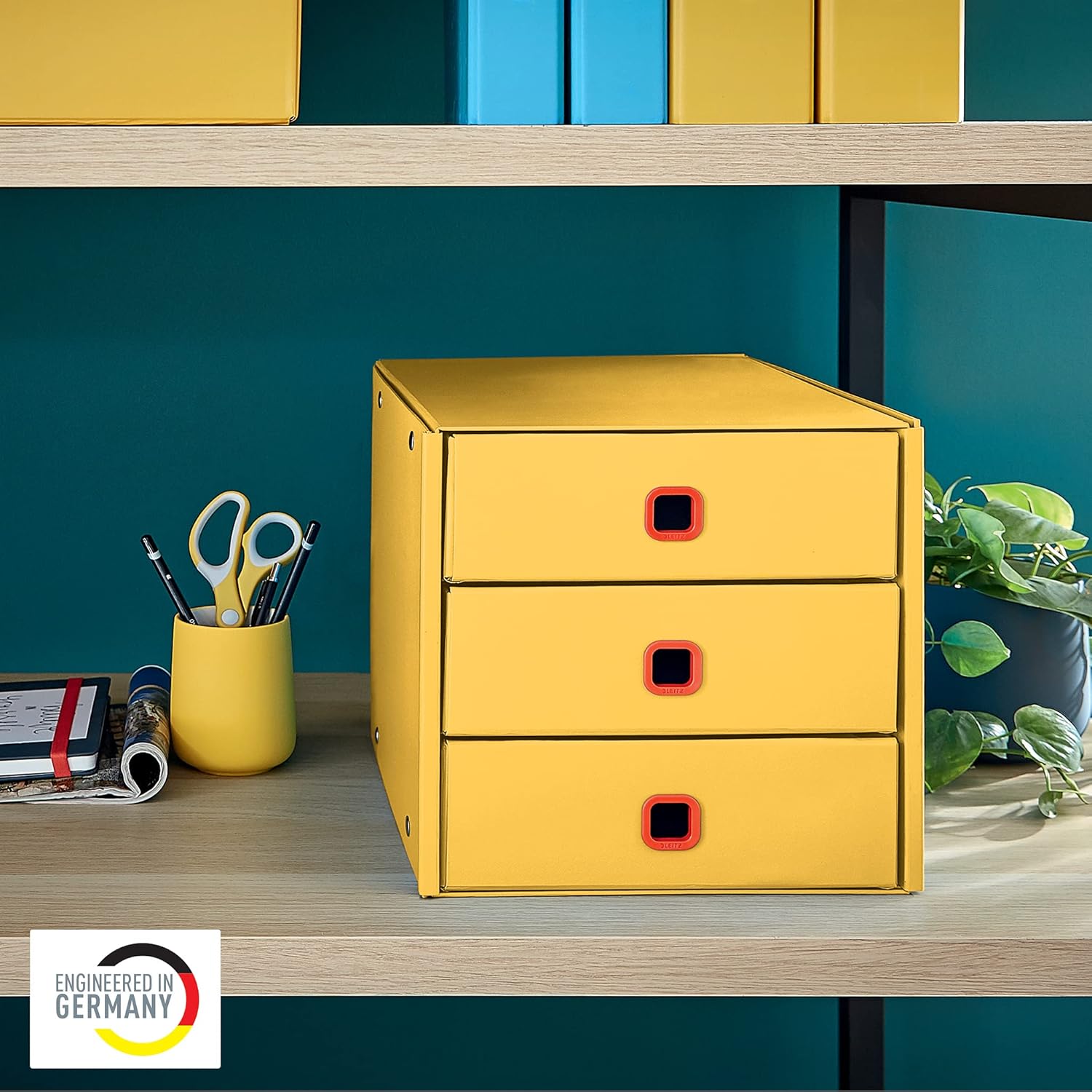 Leitz Click & Store Drawer Cabinet, 3 Drawers for Storing Papers & Documents, A4 Size Cardboard 3 Tier Folding Filing Cabinet, for Home/Office, Cosy Range, Warm Yellow, 53680019