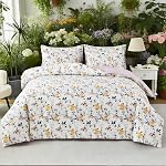 URBONUR 100% Coton Percale Couvercle de coudée Set Queen Taille 3 PCS Soft respirant Botanical Bedding Set Green Leaves and Birds Printed on White Cover, Corner Ties Button Close