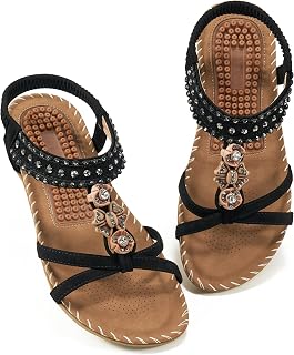 Women's Sandals Shoes Women Summer Bohemian Gladiator Flat Shoe Casual Ankle T-strap Thong Elastic Comfortable Dress Beach Walking Sandals