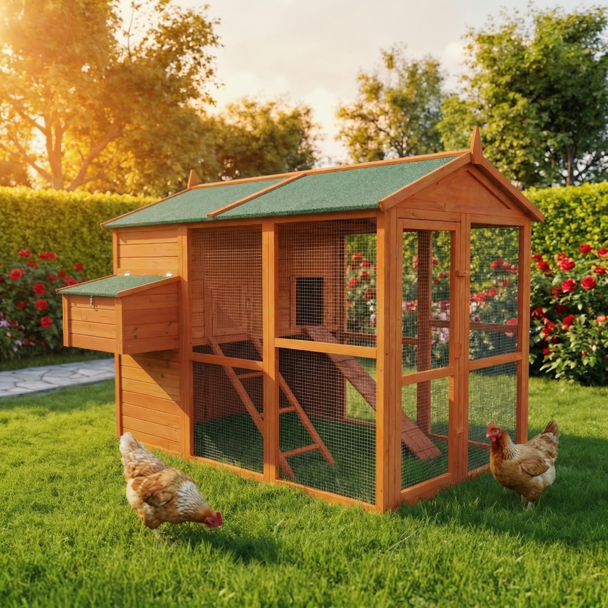 Miweba MyAnimal Hühnerstall XXL für 7 Hühner | 186x146x147 cm Winterfest - Vogelhaus - Hühnergehege mit Nistkasten - Voliere - Hühnerhaus - Freilaufgehege Huhn - Legenest - Vogelvoliere (Braun)