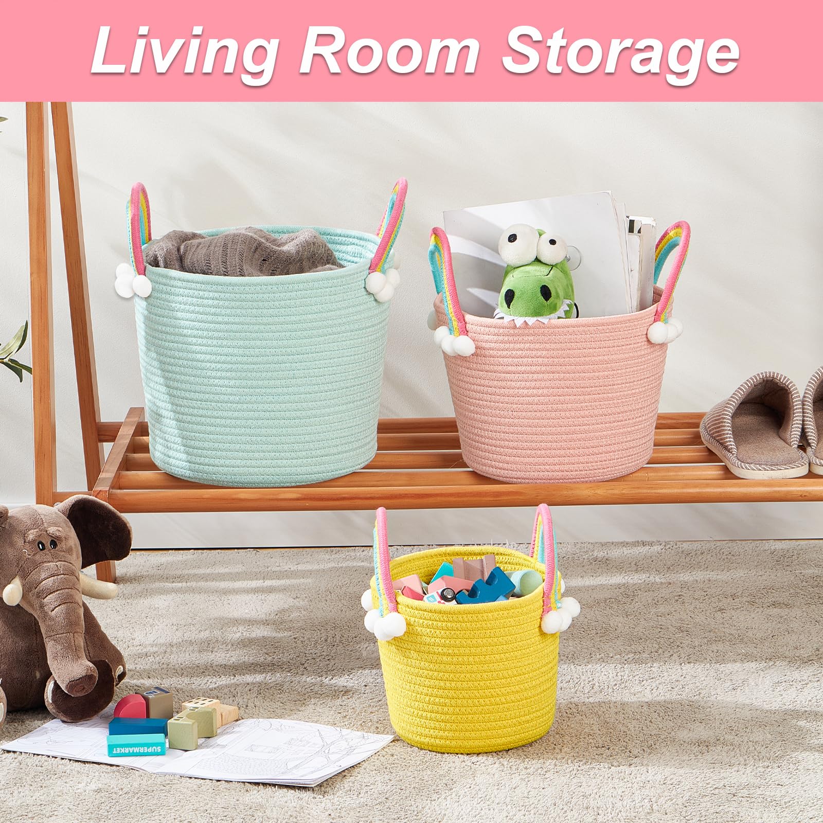 Cesto portaoggetti per bambini, per giocattoli, per vestiti, 3 pezzi, design floreale, tessuto morbido con manico, perfetto per organizzare l'asilo (cesto arcobaleno)
