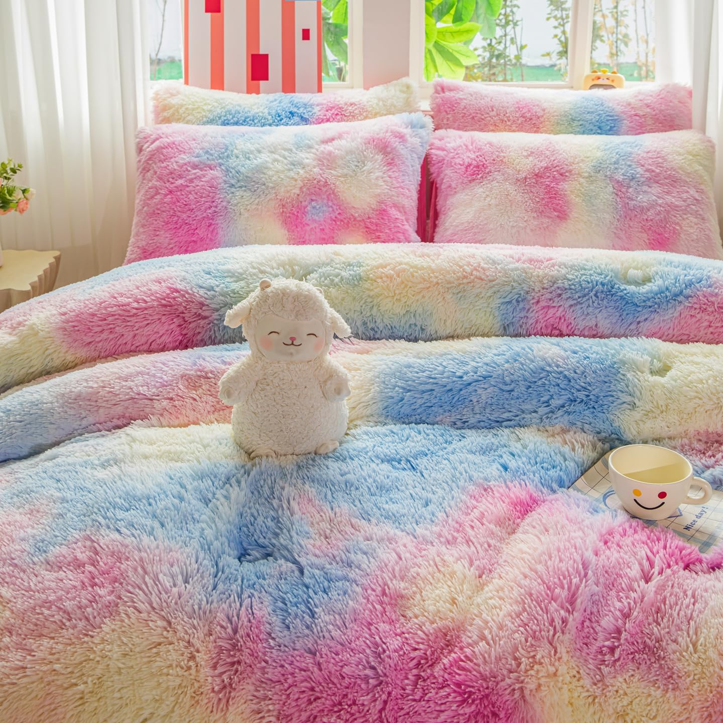 chovy Kids Girls Faux Fur Sunshine Rainbow Comforter Sets Twin/Full - 3PC Bed Set Soft Warm Comfortable Rabbit Plush Velvet Flannel Fluffy Fuzzy Bedding(Comforter x 1 Pillowcases x 2) - Image 6