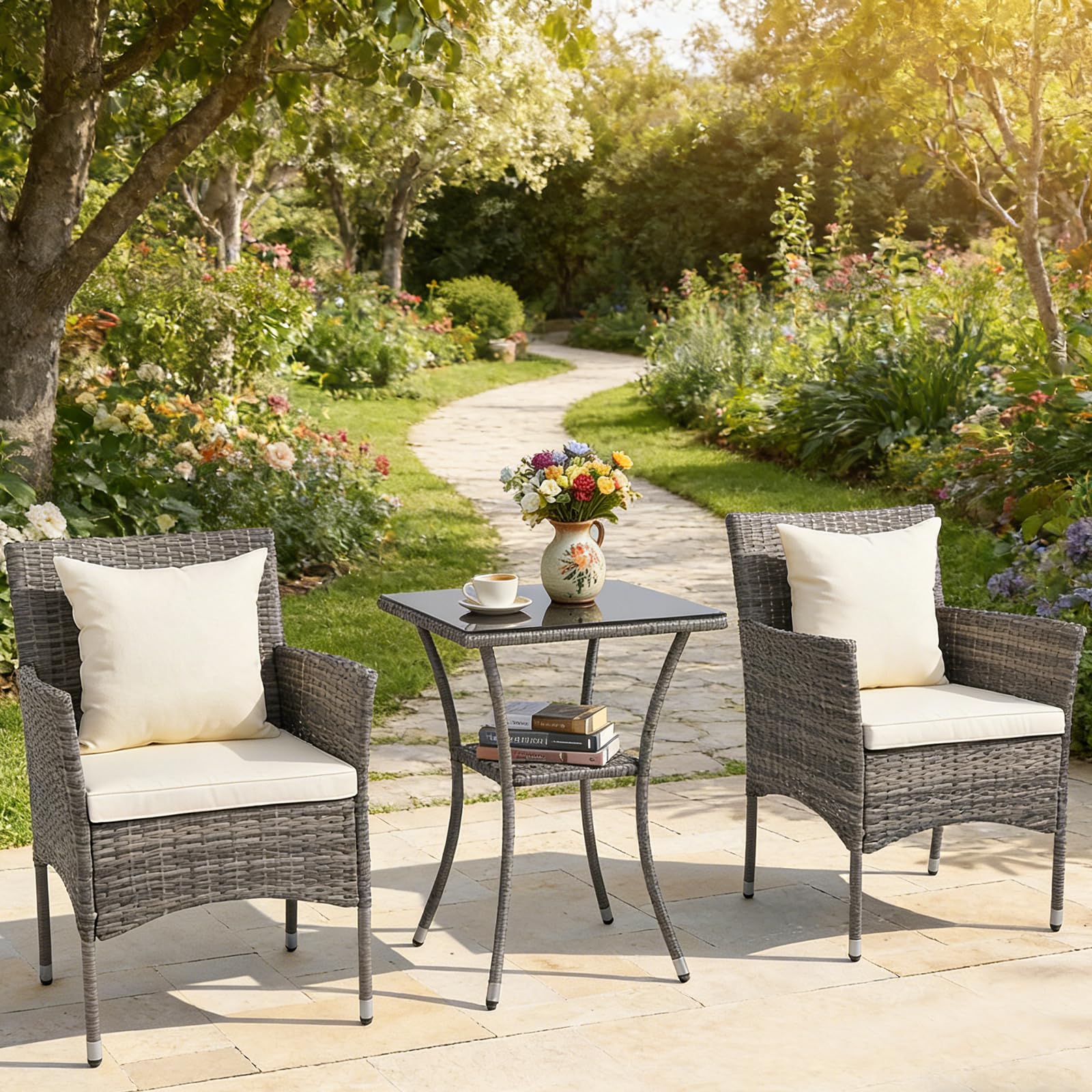 KOMFOTTEU Set Mobili da Giardino in Rattan con Tavolino in Vetro Temperato | 2 Poltrone con Cuscino Portata 180kg, ideali per completare il tuo set da giardino in rattan