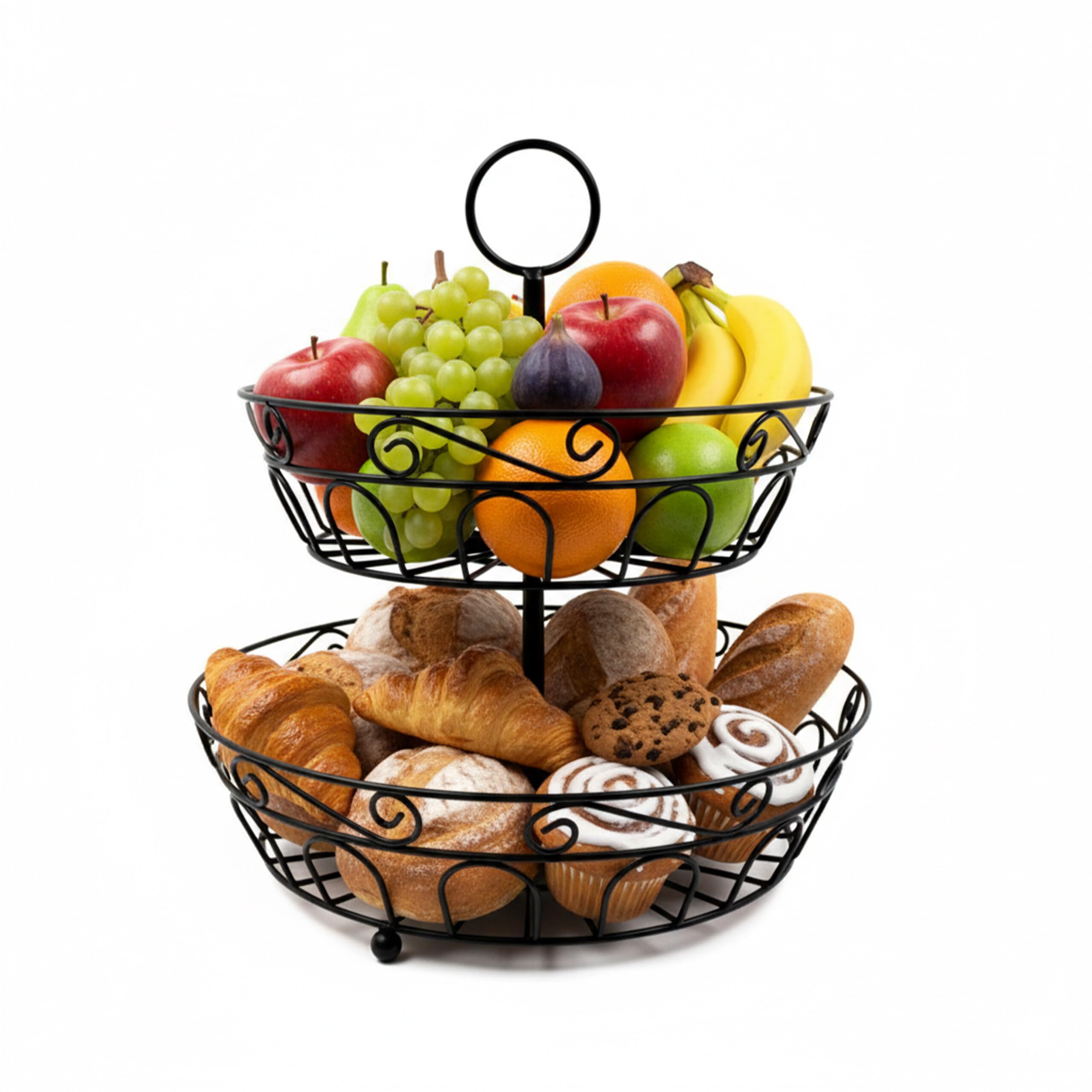 Relaxdays Fruit Stand, 2-tier, metal, HxD: 30 x 31 cm, fruits, with handle, round bowl, black