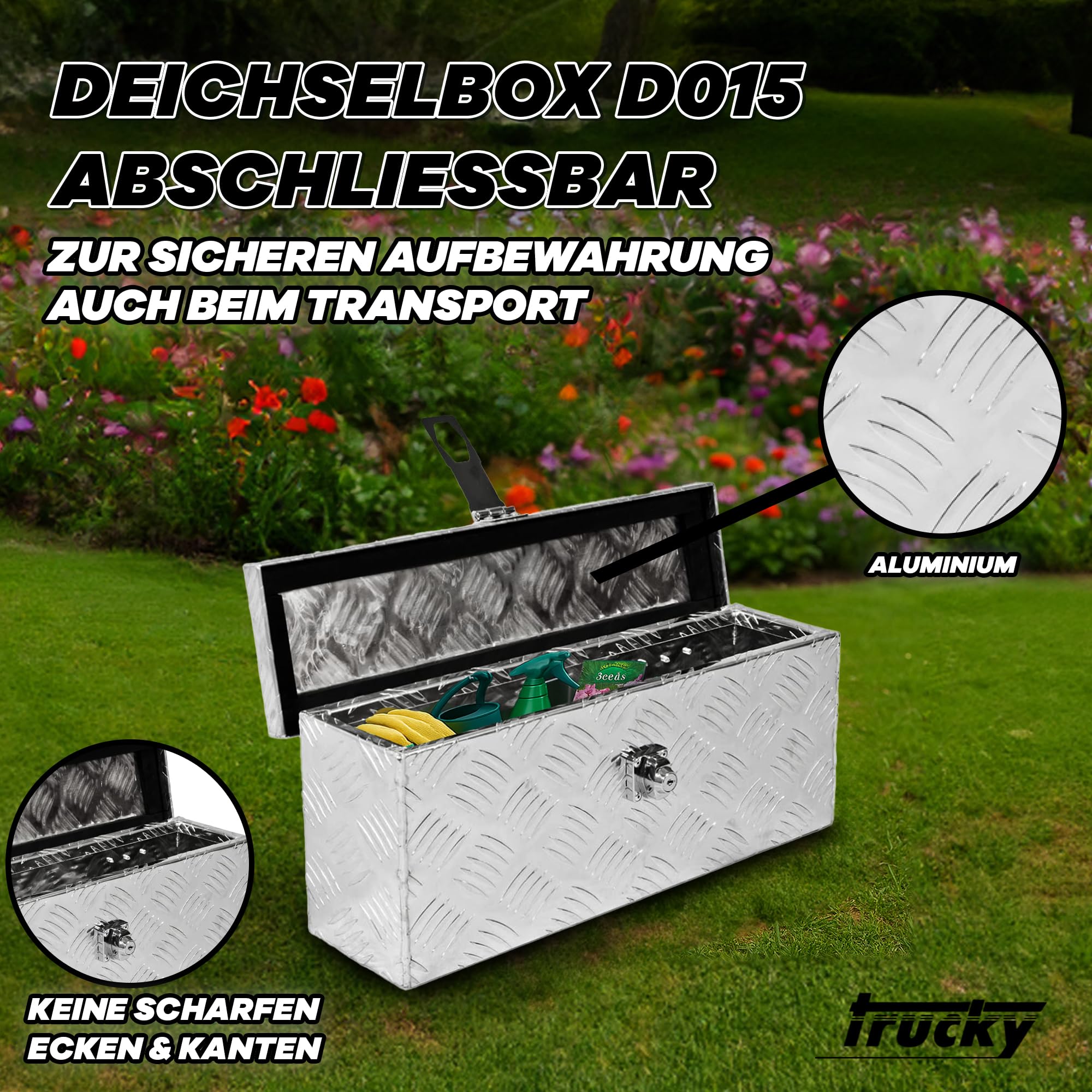 Trucky Truckbox aus Aluminium, Modell D015, 50x14x20cm, Abschließbar, Robustes Riffelblech, inklusive Montagesatz, Für Werkstatt, Auto, Hobby