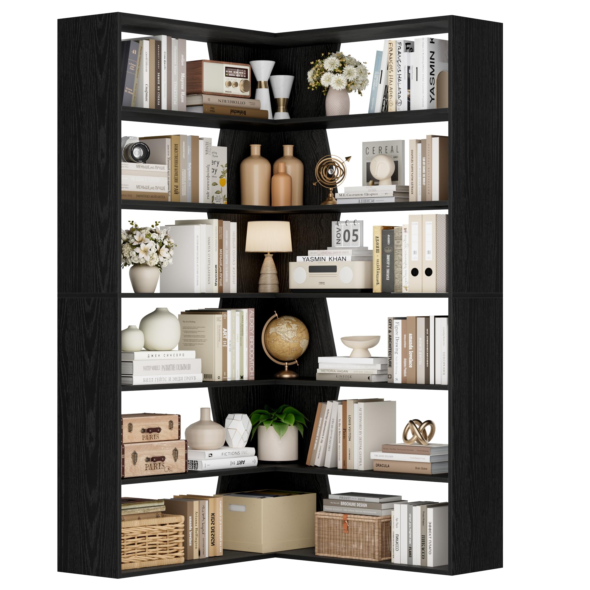 FirFurd Bookcase 6 Tiers Corner Bookshelf Black Tall Bookcase Free Standing with Open Storage Display Rack L-shaped Book Shelf for Living Room Home Office 90x90x190.5cm