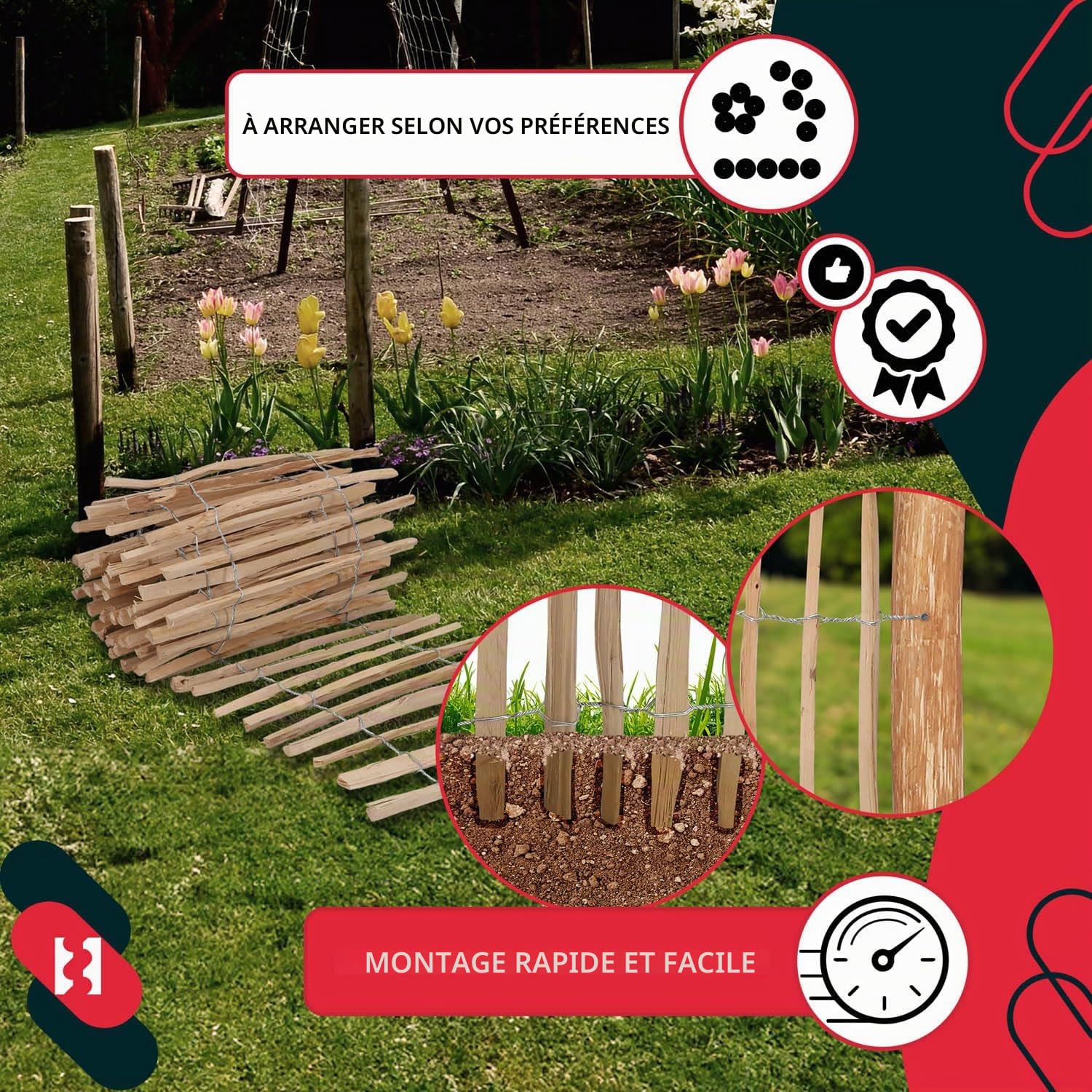 KOTARBAU® Ganivelle, Clôture Bois 0,6 x 5m, Bordure Bois Jardin, Noisetier