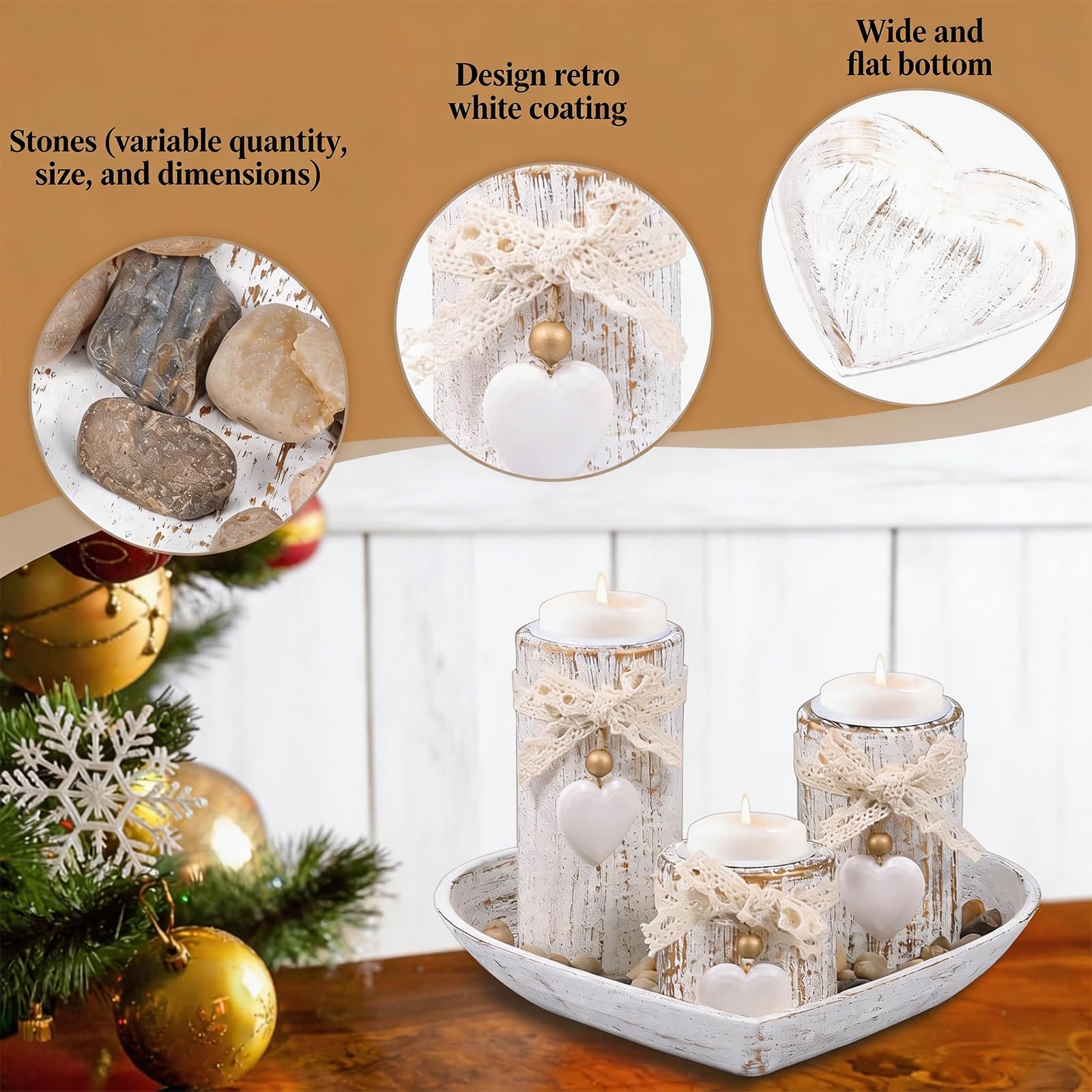 Set di 3 vassoi e portacandele in legno, a forma di cuore, per Natale, matrimonio e tavolo da pranzo