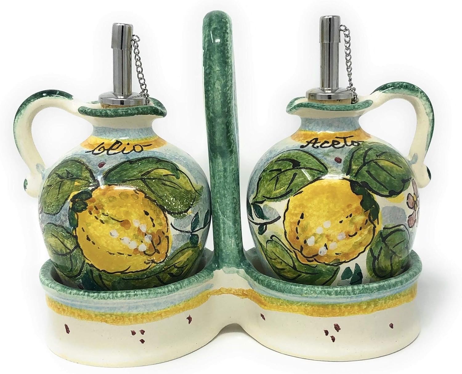 CERAMICHE D'ARTE PARRINI - Italian Ceramic Set Cruet Oil Vinegar Art Pottery Hand Painted Decorated Lemons Made in Italy Tuscan