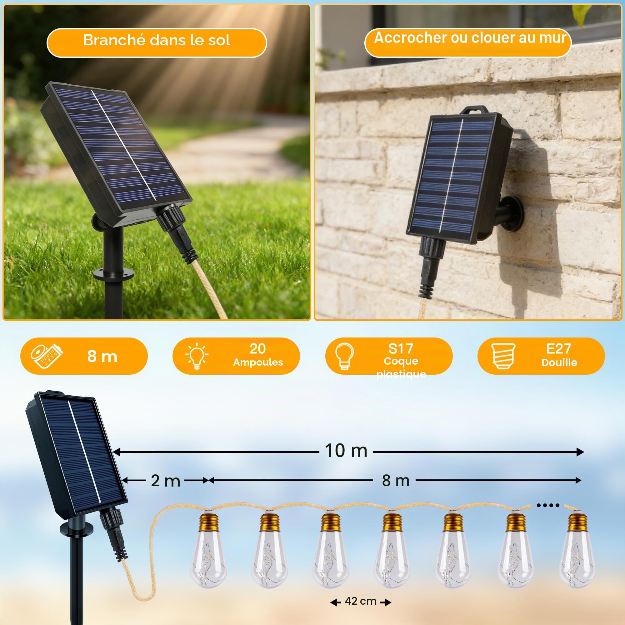 Lampes solaires d'extérieur de jardin - 20 ampoules S17 - 10 m - Corde de chanvre avec télécommande, USB et énergie solaire - Incassable - Étanche - 8 modes - Guirlande lumineuse féérique pour