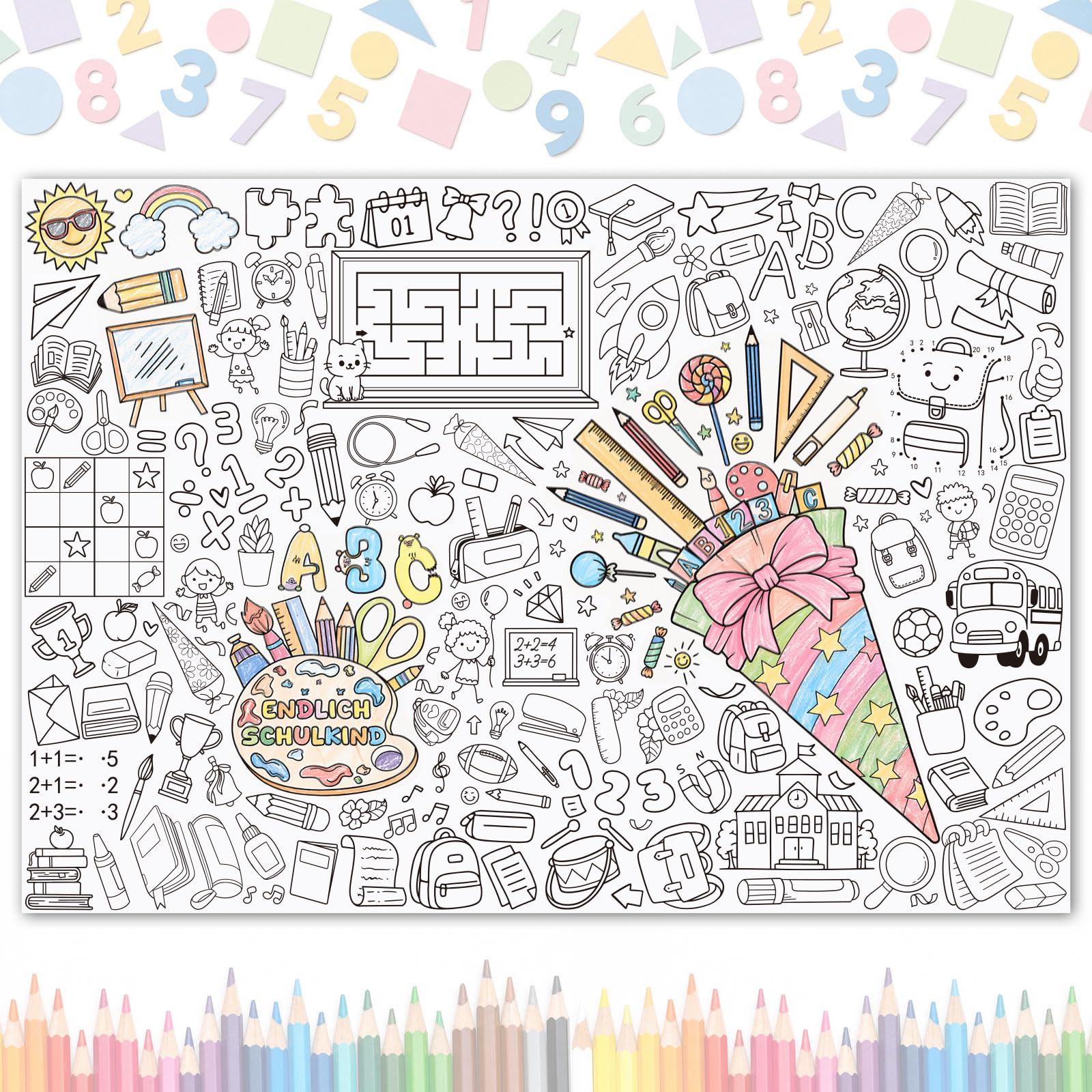 Kesote Schultüte Füllung Ausmal-Tischdecke Einschulung, Ausmaltischdecke Schulanfang Geschenk Junge, Papiertischdecke Schuleinführung Geschenke Mädchen Tischdeko Schulkind deko, 100x70cm