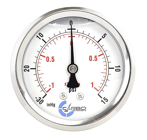 Manómetro de 2 1-2", caja de acero inoxidable, conexión de latón cromado, relleno de Lqiuid, vacío compuesto -30 Hg - 0-15 psi Montaje trasero 14"