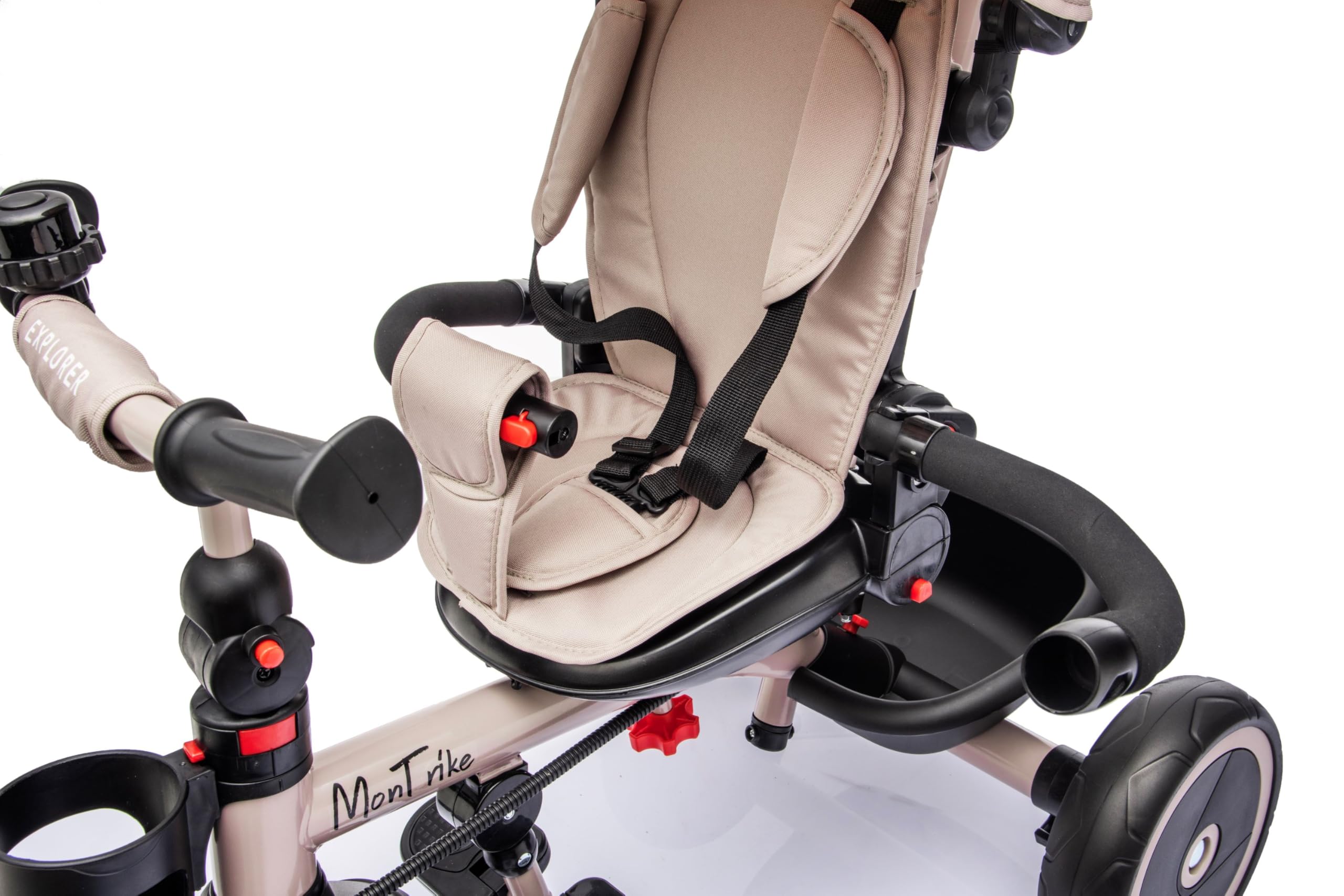 MonTrike Triciclo Explorer Gioco Evolutivo da 12 mesi a 5 anni Reclinabile 4 in 1 fino a 25 kg Sedile Girevole con Accessori e Ruote in Gomma Eva (Cappuccino)