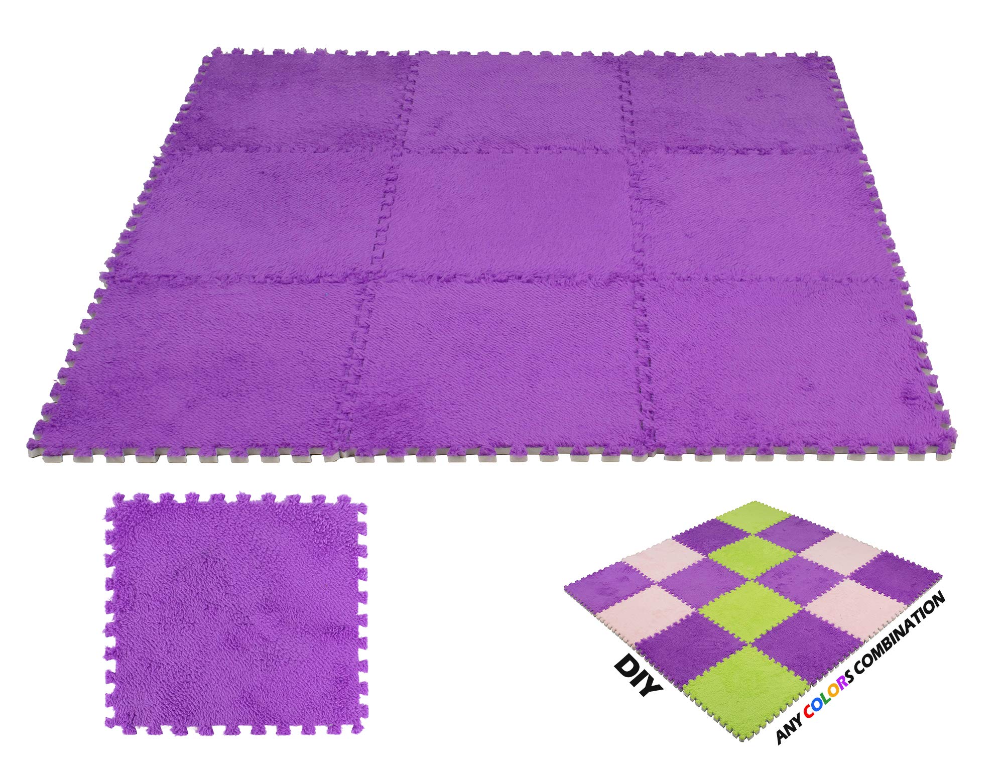 Interlocking Carpet Squares 9 Tiles Purple Fuzzy Fluffy Plush Foam Mats for Living Room, Bedroom, Kitchen and Hard Floor by DeElf