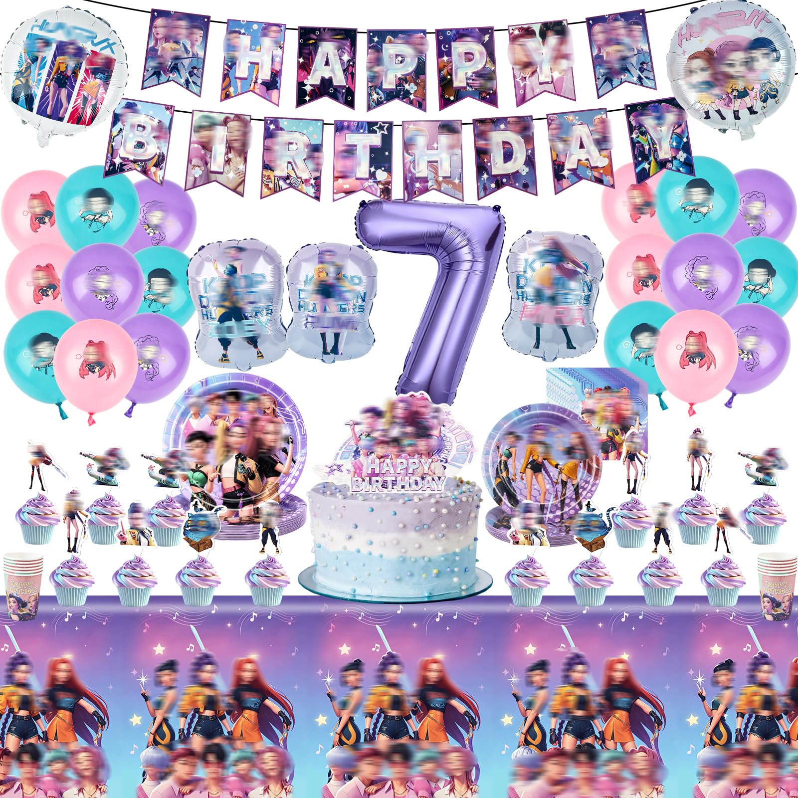 91 PCS Demon Birthday Decorations 7th, Party Decorations Party Supplies Paper Plates Cups Napkins Tablecloth Balloons , Tableware Set for 10 Guests