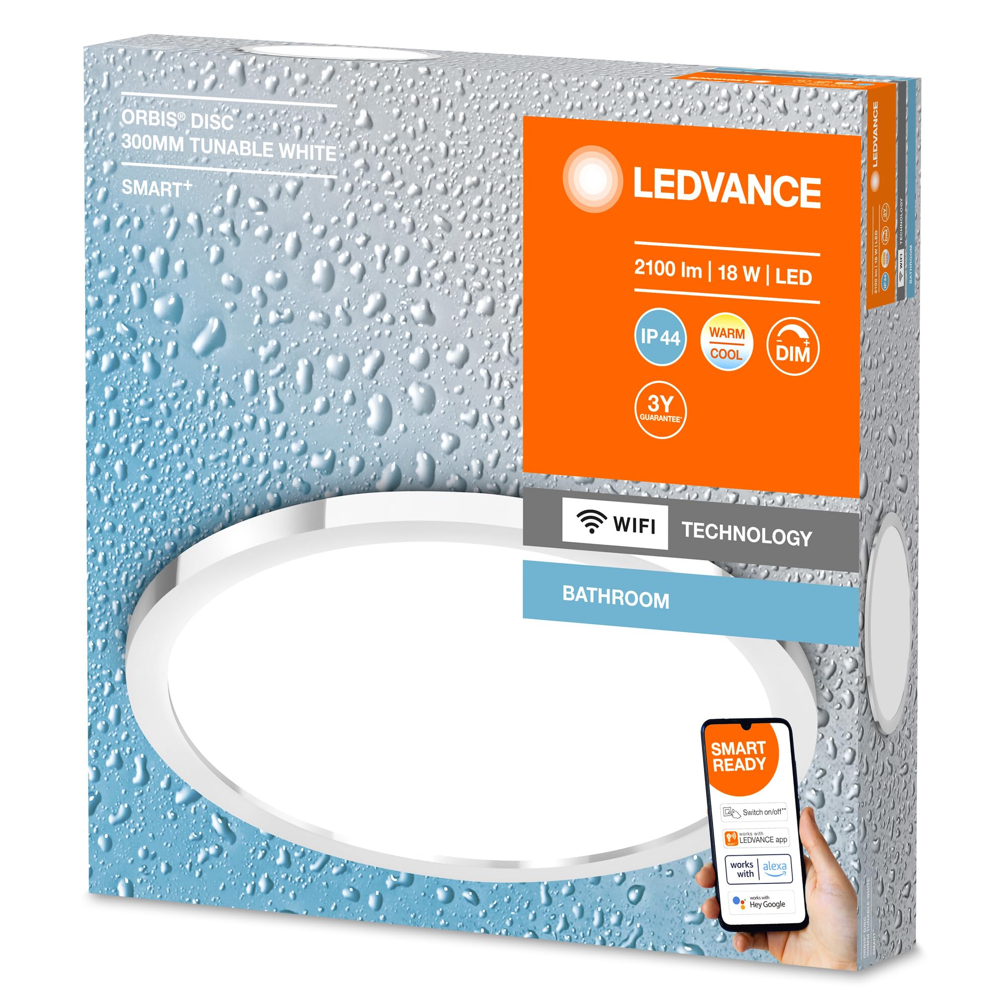 LEDVANCE Oprawa oświetleniowa: BATHROOM DECORATIVE CEILING AND WALL WITH WIFI TECHNOLOGY / 18 W, 220…240 V, kąt rozsyłu światła: 110°, Program Tunable White, 3000…6500 K, materiał: aluminum, IP44