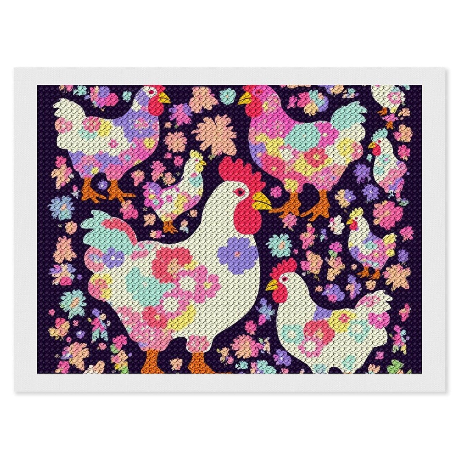 Flower Heart Chicken Diamond Art Kits for Adults, DIY 5D Diamonds Painting Kits for Beginner, Round Full Drill Diamond Dots Painting, 12"x16" Diamonds Pictures Gem Art and Crafts Wall Decor