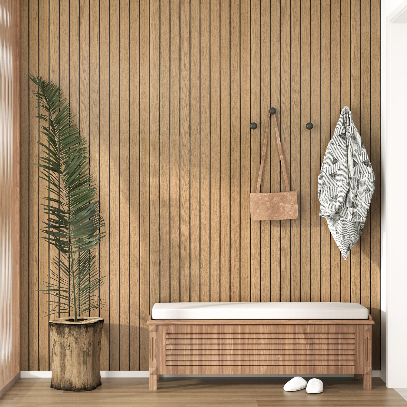 Panel de listones de madera marrón para pared, paneles de espuma