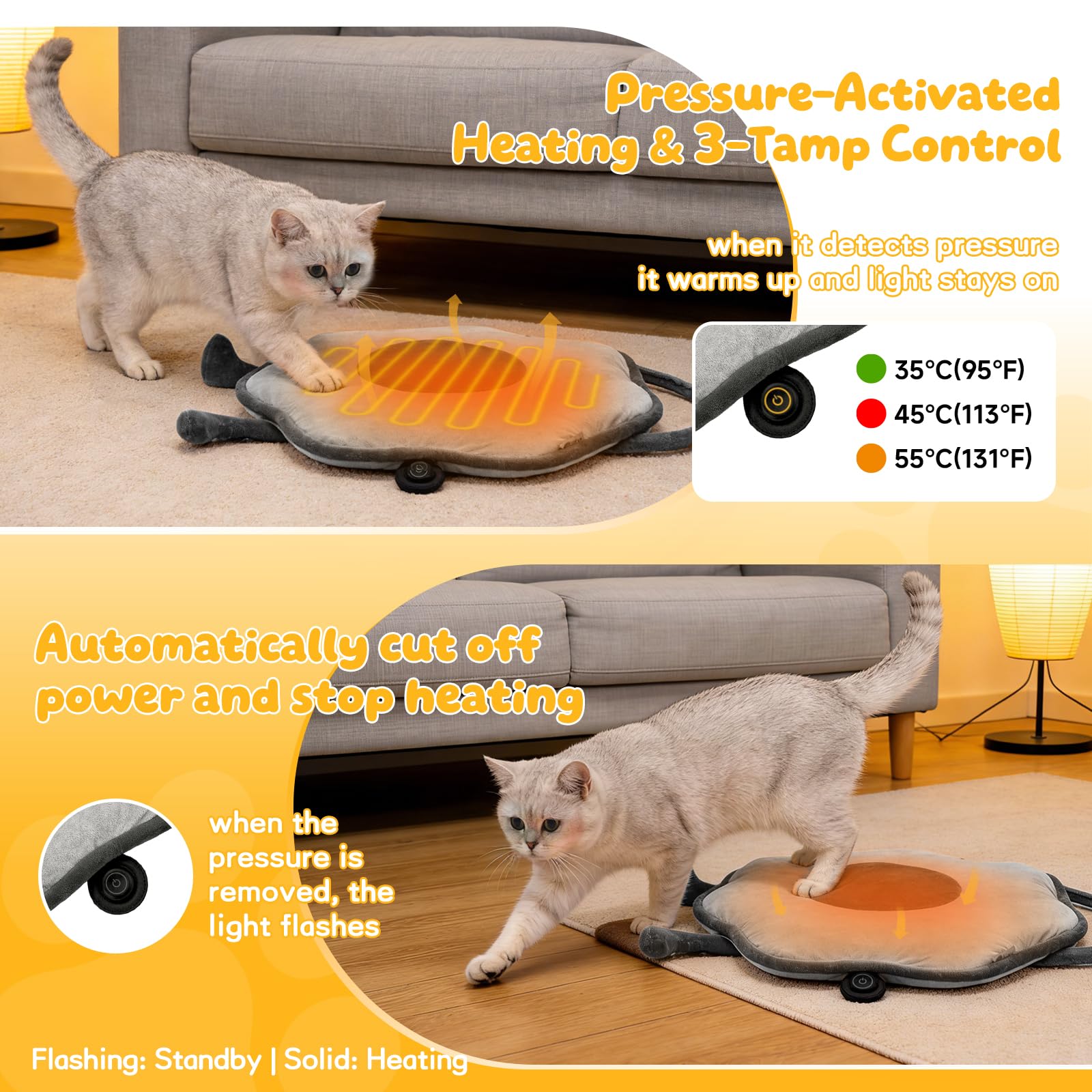 Tapis chauffant électrique pour chat d'intérieur avec housse amovible - Température réglable - Gris tournesol - 55,9 x 55,9 cm