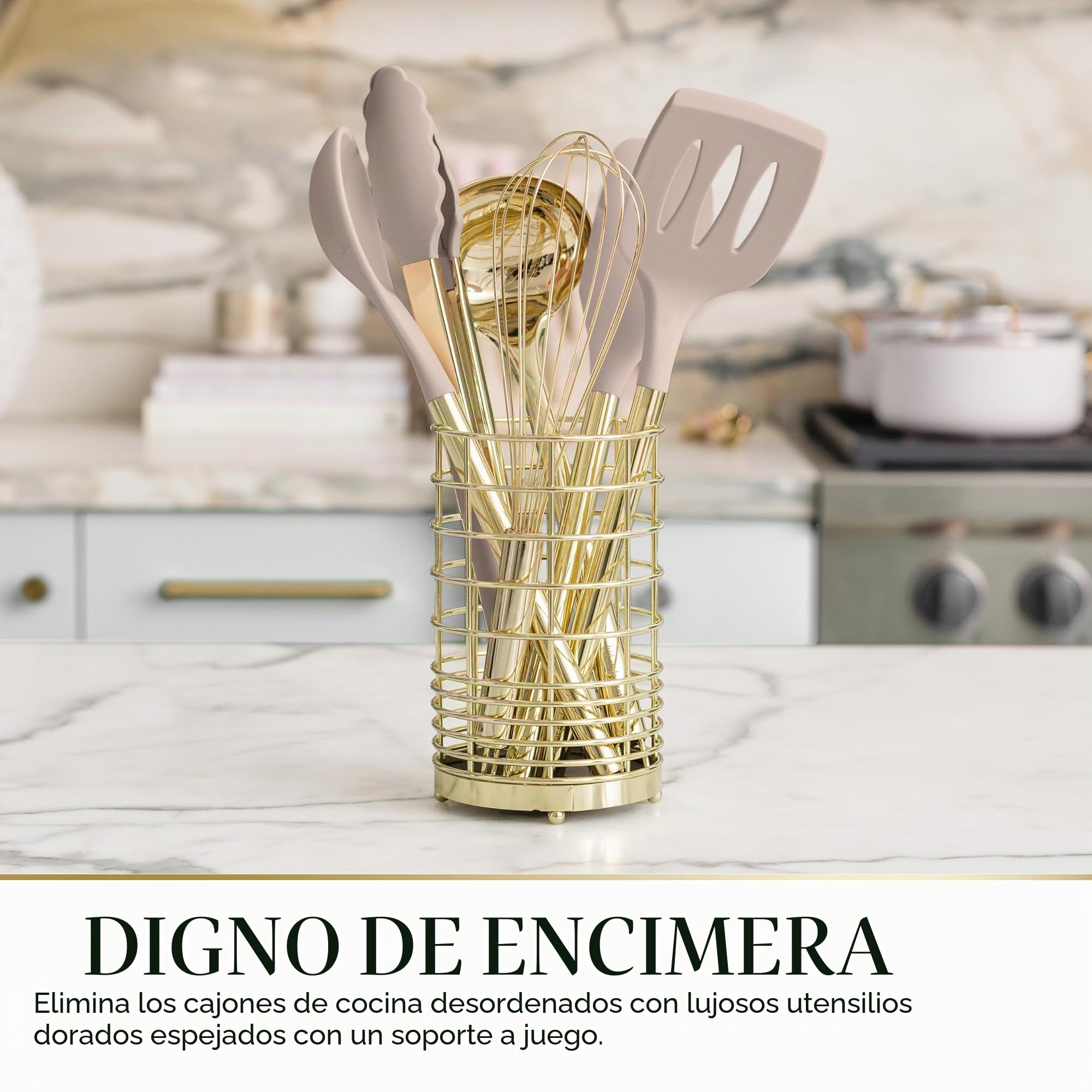 Juego de utensilios de cocina de 7 piezas, color beige y dorado, herramientas de silicona y acero inoxidable no tóxicas para cocinar, servir y alojar, ideal para utensilios de cocina antiadherentes y