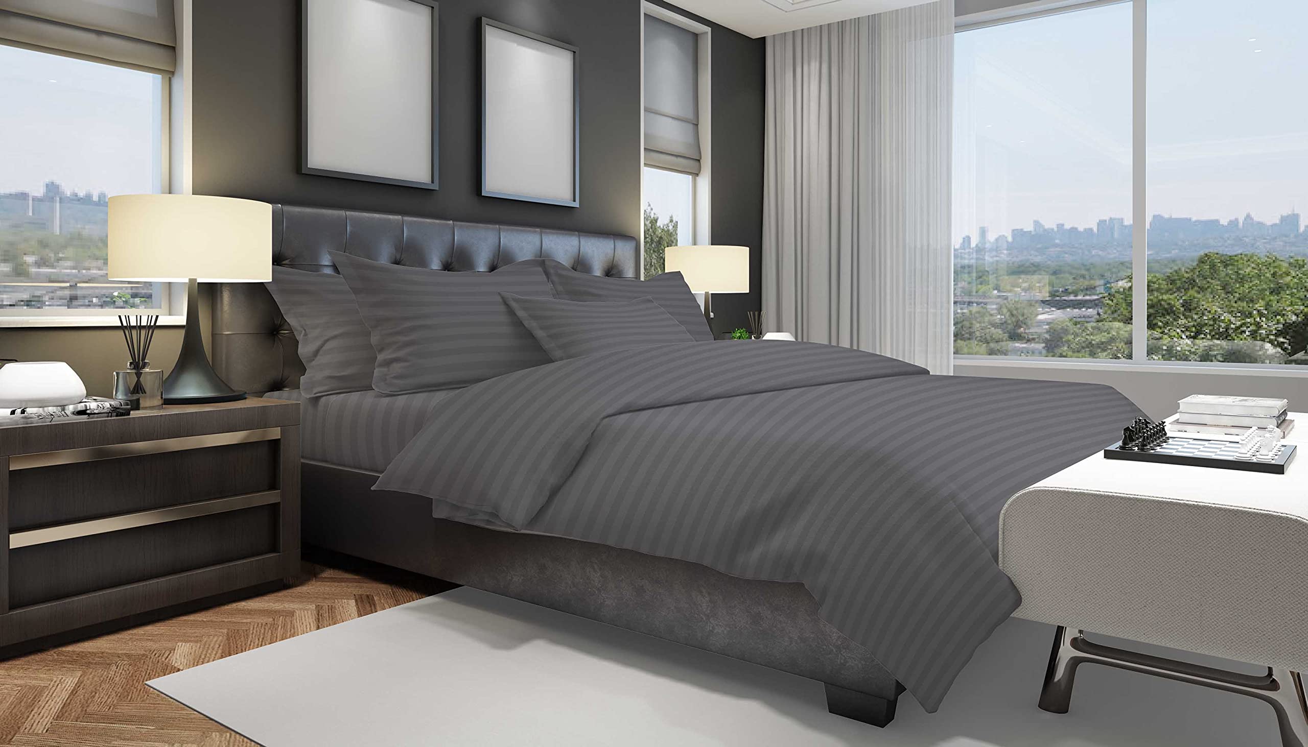 LIZZIE JACOBS 400 Thread Count Satin Stripes Extra Deep Fitted Sheets Super Soft Luxurio Egyptian Cotton Hotel Quality 40cms Deep Fitted Bed Sheets ( , Super King Sheet), Grey, Us 100