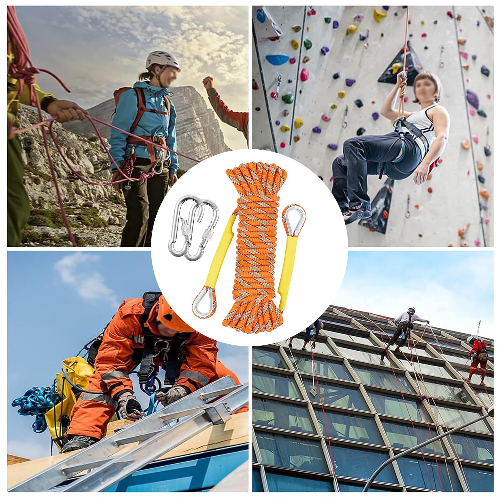 Cuerda de Escalada 16mm al Aire Libre Cuerda de Escalada estática de 10m Cuerda de Seguridad Escalada Cuerda de Escape con 2 mosquetones para Fuego Alpinismo Camping Naranja