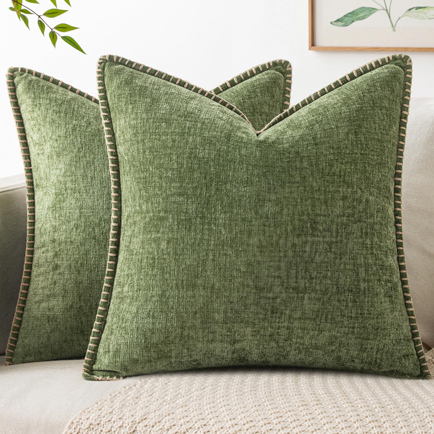 MIULEE Pack of 2 Couch Throw Pillow Covers 18x18 Inch Sage Green Farmhouse Decorative Pillow Covers with Stitched Edge Soft Chenille Solid Dyed Spring Pillow Covers for Sofa Bed Living Room