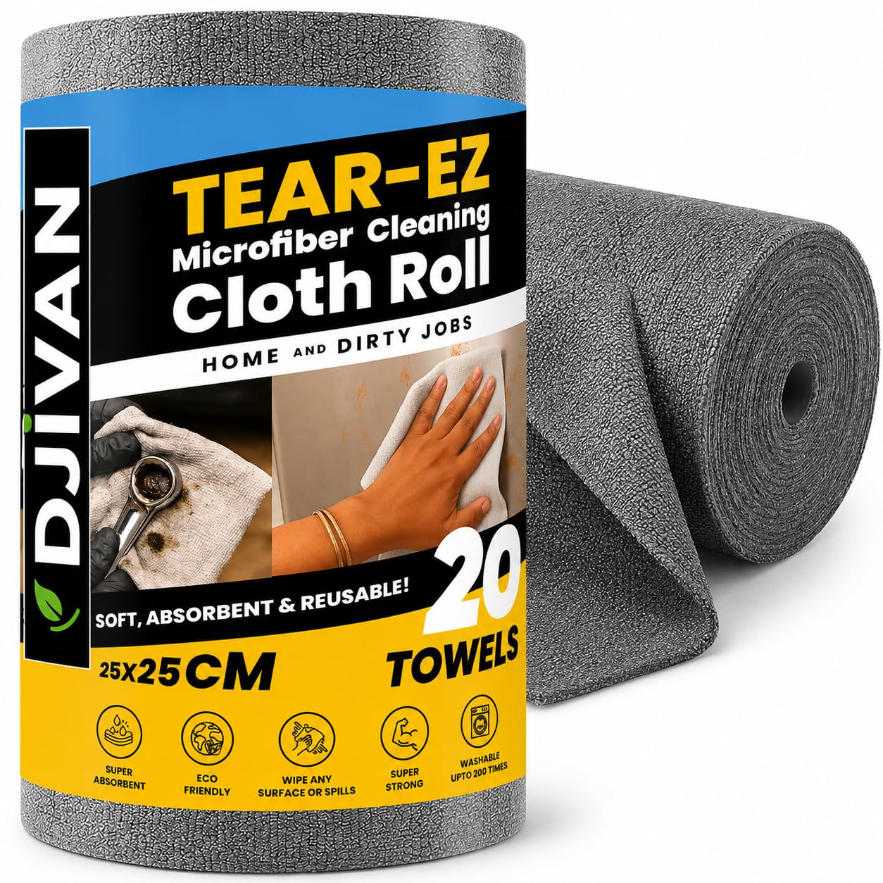 DJIVAN Multipurpose Microfiber Cleaning Cloth Roll | 20 Reusable Tear-Off Sheets | Super Absorbent, Lint-Free Kitchen Cleaning Towels | Washable Cleaning Cloth for Home, Car, Glass & Office-image-46