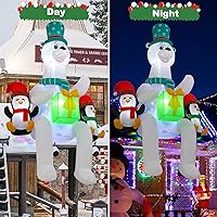 Vista 3 de Decoración inflable de oso polar de 8 pies / 2.4 metros sentado en el techo con luces LED y luces caleidoscópicas, adecuada para decoraciones
