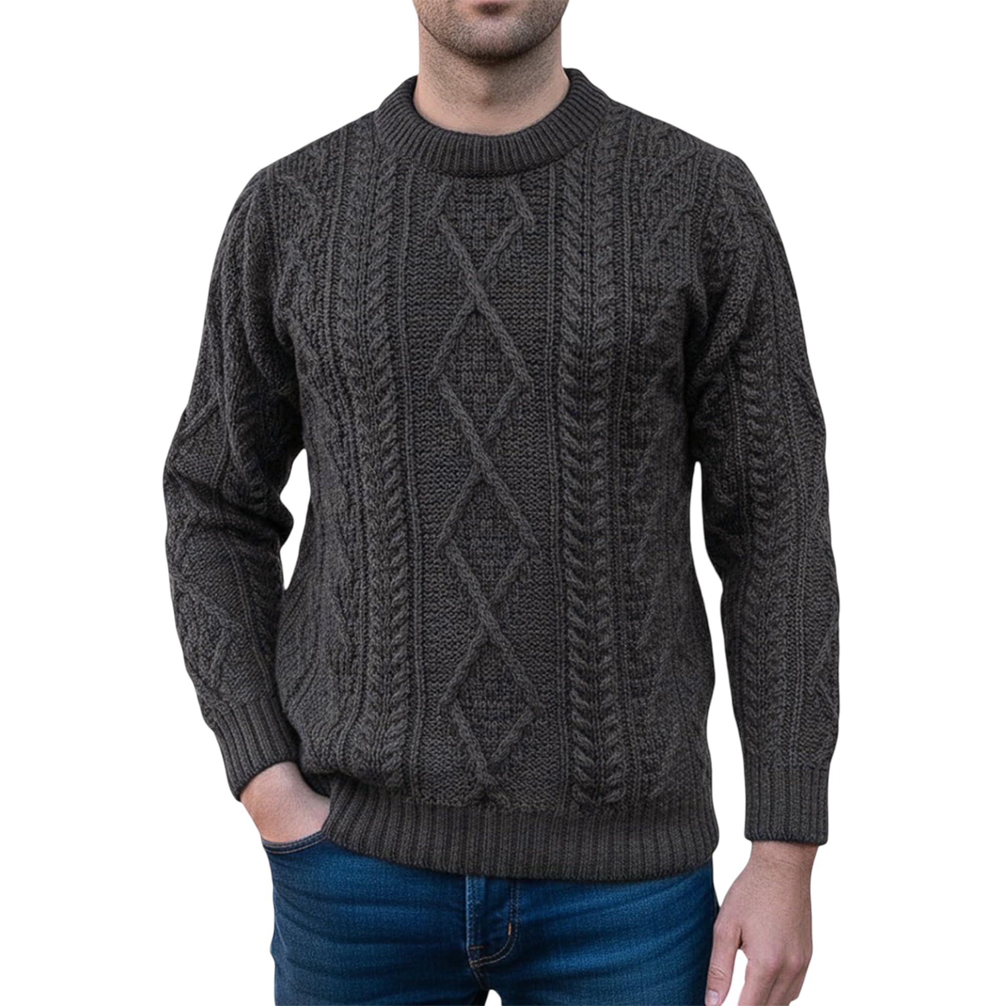 Braw Clans Tartans Men's Charcoal 100% Pure British Wool Jumper For - Made In The Uk - Cable Knit, Crew Neck Warm Arran Jumper - Heavy Knit Pullover - Round Neck Winter Sweater - Colour, Size Xs - Gifts For