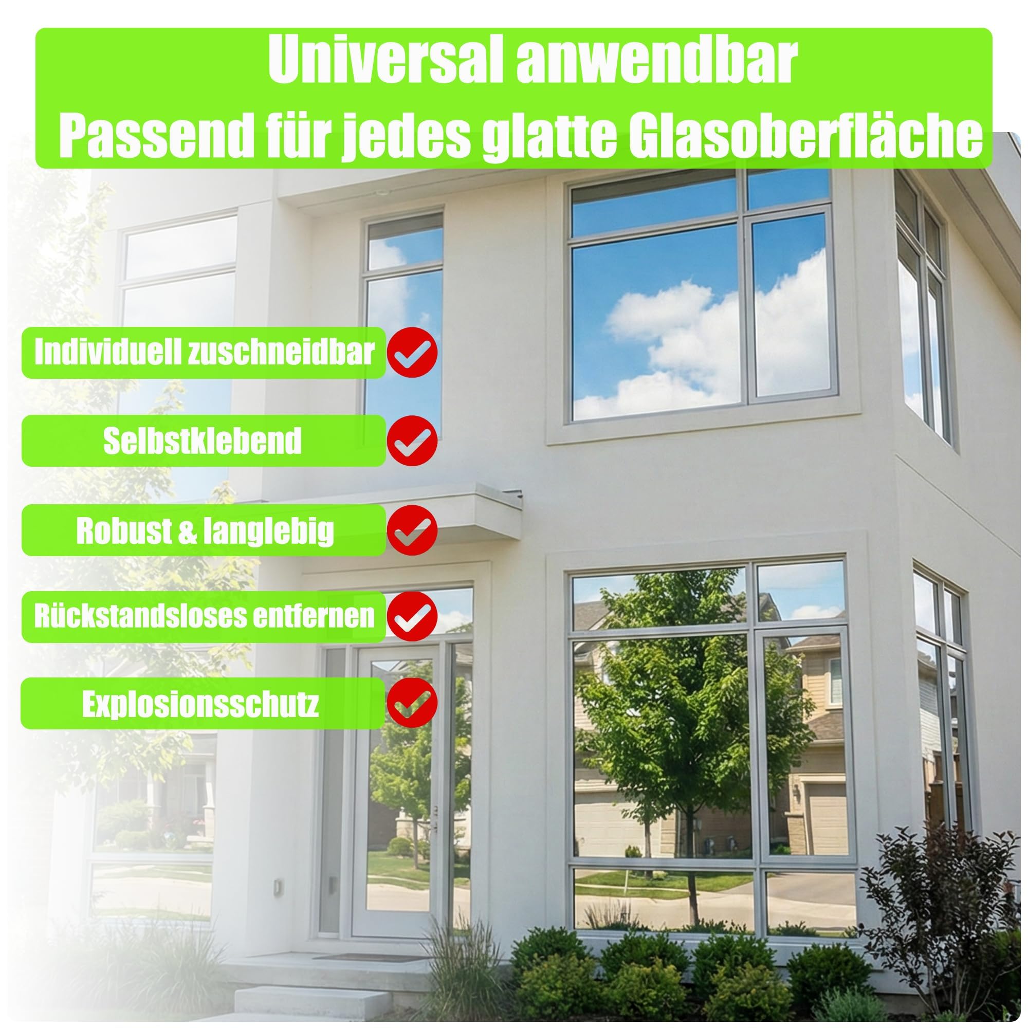 Spiegelfolie Fenster Sichtschutz Fensterfolie Sonnenschutz Hitzeschutz innen oder außen Sichtschutzfolie Selbstklebend UV Folie Sonnenschutzfolie Rückstandslose (Silber (Selbstklebend), 90X400 cm)