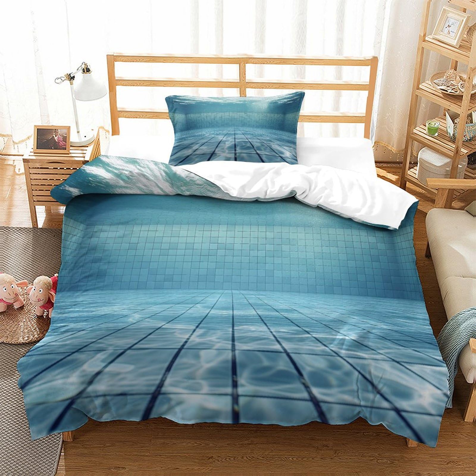 P1s9u7w5y Water Ripple-9 3D Printed Ocean Blue Landscape Duvet Cover Set 3Pcs Microfiber Seascape Bedding Set Single（135X200cm）