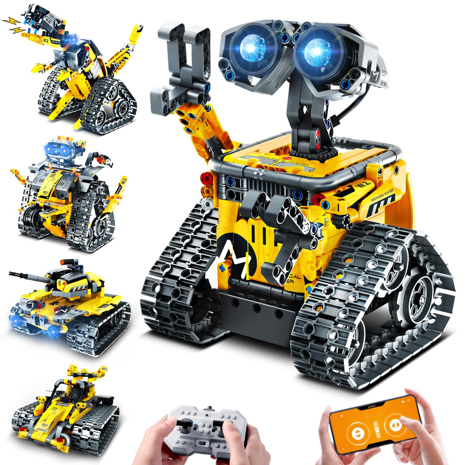 PLAXSOON Technik Roboter Bauspielzeug für Kinder, 5 in 1 App & Fernsteuerung Wall Roboter Panzer Dinosaurier Baustein, 520 Stück RC Programmierbares Spielzeug Geschenk für Jungen Mädchen 6-12+