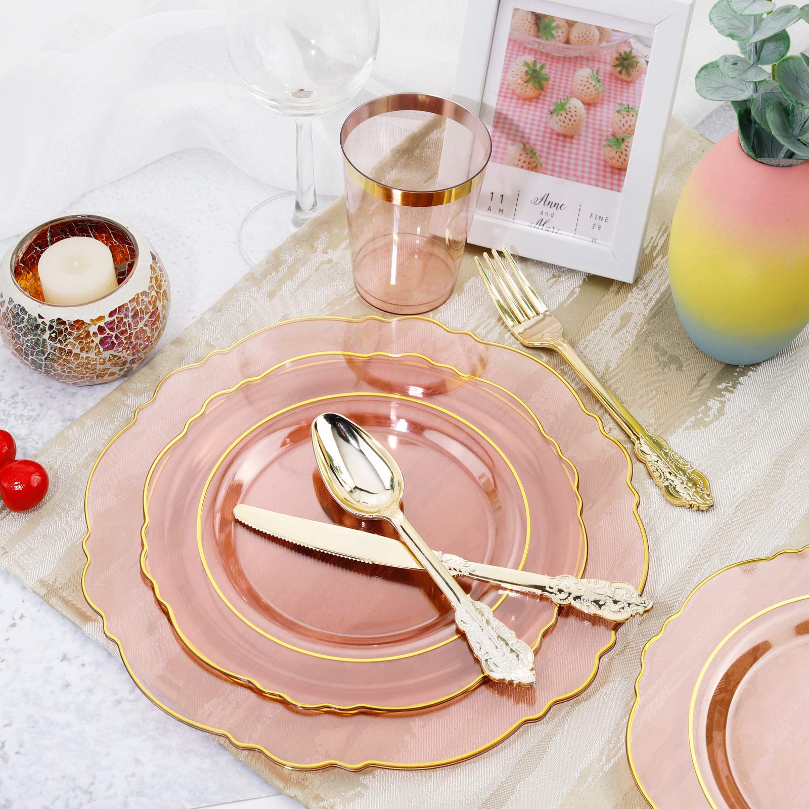 KIRE 30 Guest Clear Pink Plastic Plates with Gold Rim& Disposable Gold