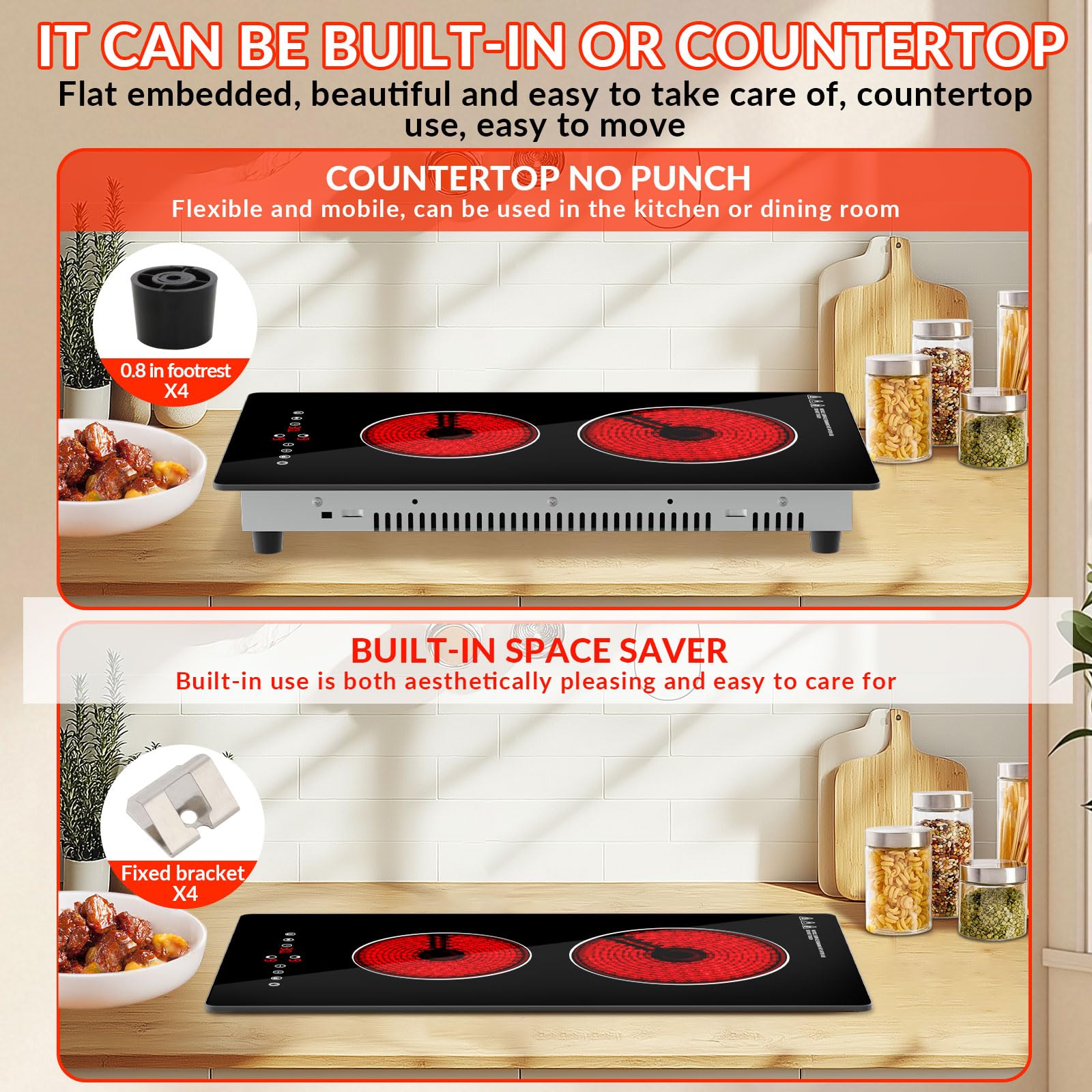 Ceramic Hob,29cm Built-in 2 Zones Electric Hob,3000W,Built in Black Glass Cooker with Touch Control, Child Safety Lock, Timer — view 7
