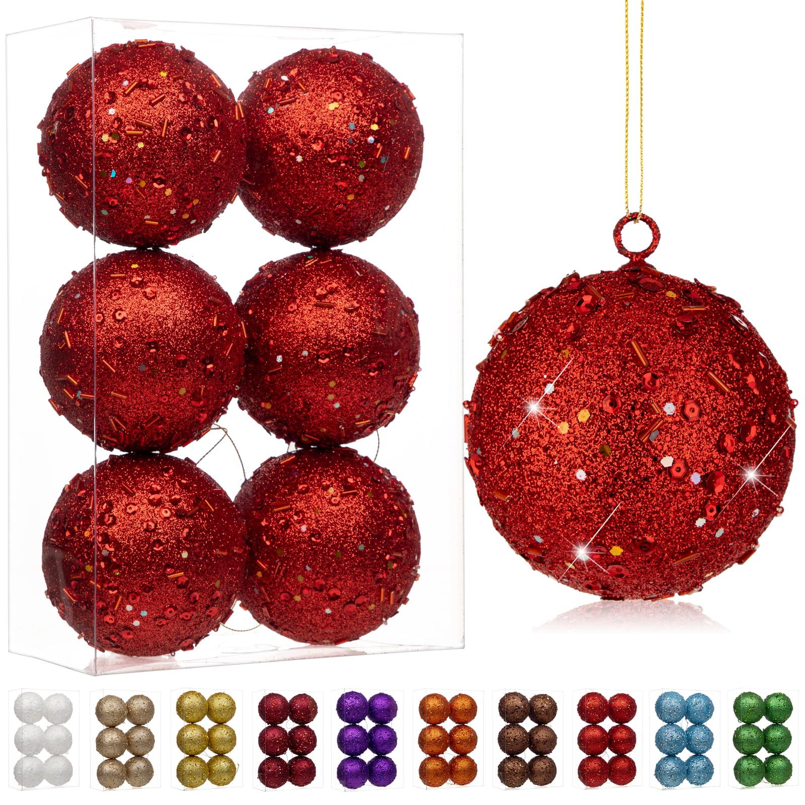 Oairse 8cm Large Christmas Bauble Ornaments 6 Pcs Shatterproof Big Red Bauble for Xmas Tree Glitter Christmas Tree Ornaments for Halloween Holiday Wedding Party Decoration โ image 1