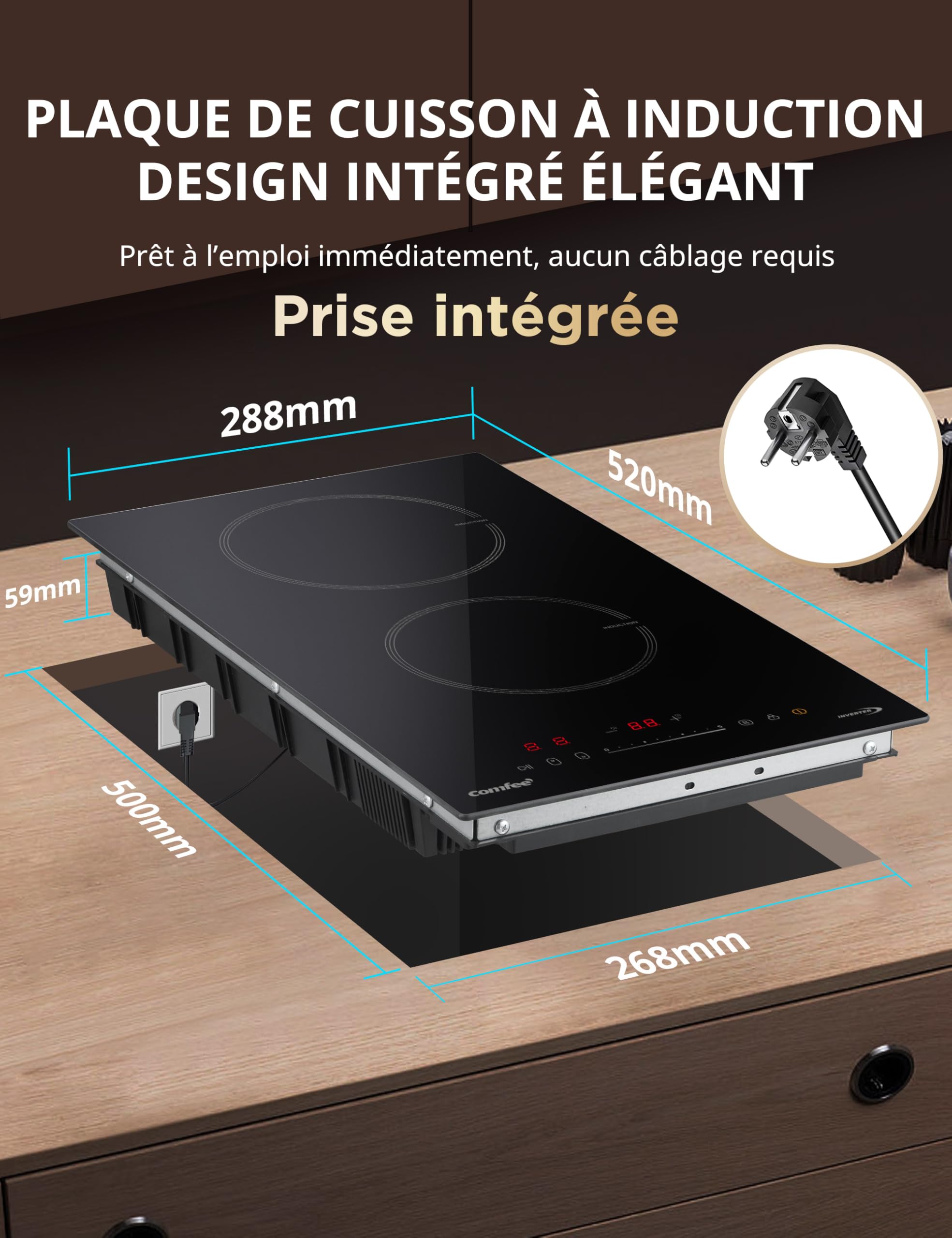 COMFEE' CIH351D257K0 Table de Cuisson à Induction Encastrable 2 Zones, 9 Niveaux de Puissance, Fonction Boost, Commande Tactile