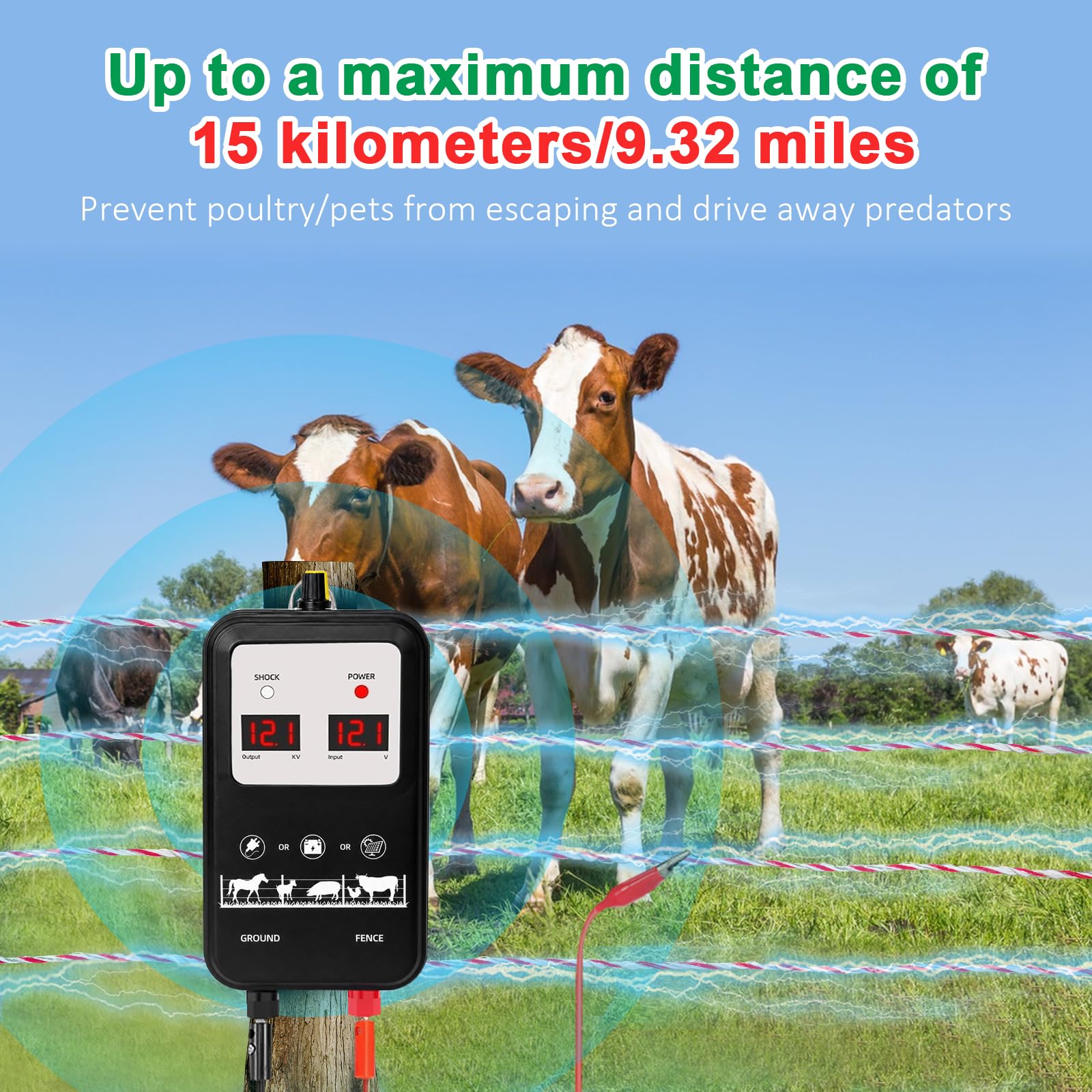 15KM Electrificador de valla eléctrica con carcasa impermeable, kit de valla con aisladores anulares y alambre de valla, tensión de salida ajustable 12 kV – 13,5 kV, para protección de animales
