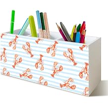 Nautical Coastal Lobster Pen Holder Decor for Desk, Beach Blue Striped Crawfish Gifts for Women Men Wooden Pen Pencil Holder Organizer for Home Office Desk Accessories Kitchen Shelf Table Decor