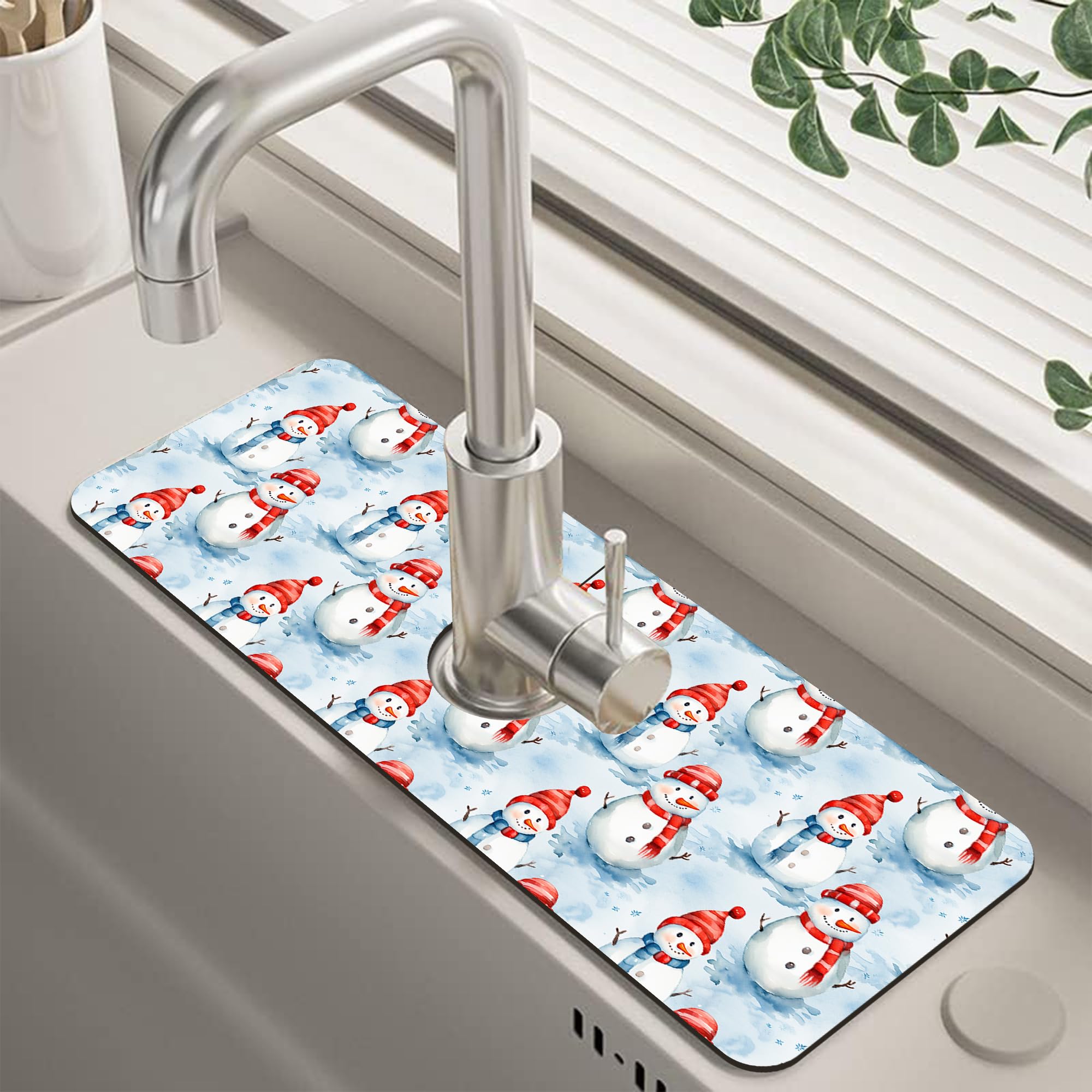 Christmas Snowman with Hat Kitchen Sink Splash Guard Mat Absorbent Fast Drying Mat Faucet Draining Mat Sink Splash Guard Behind Faucet Drip Catcher for Kitchen Bathroom 5.5"×15"