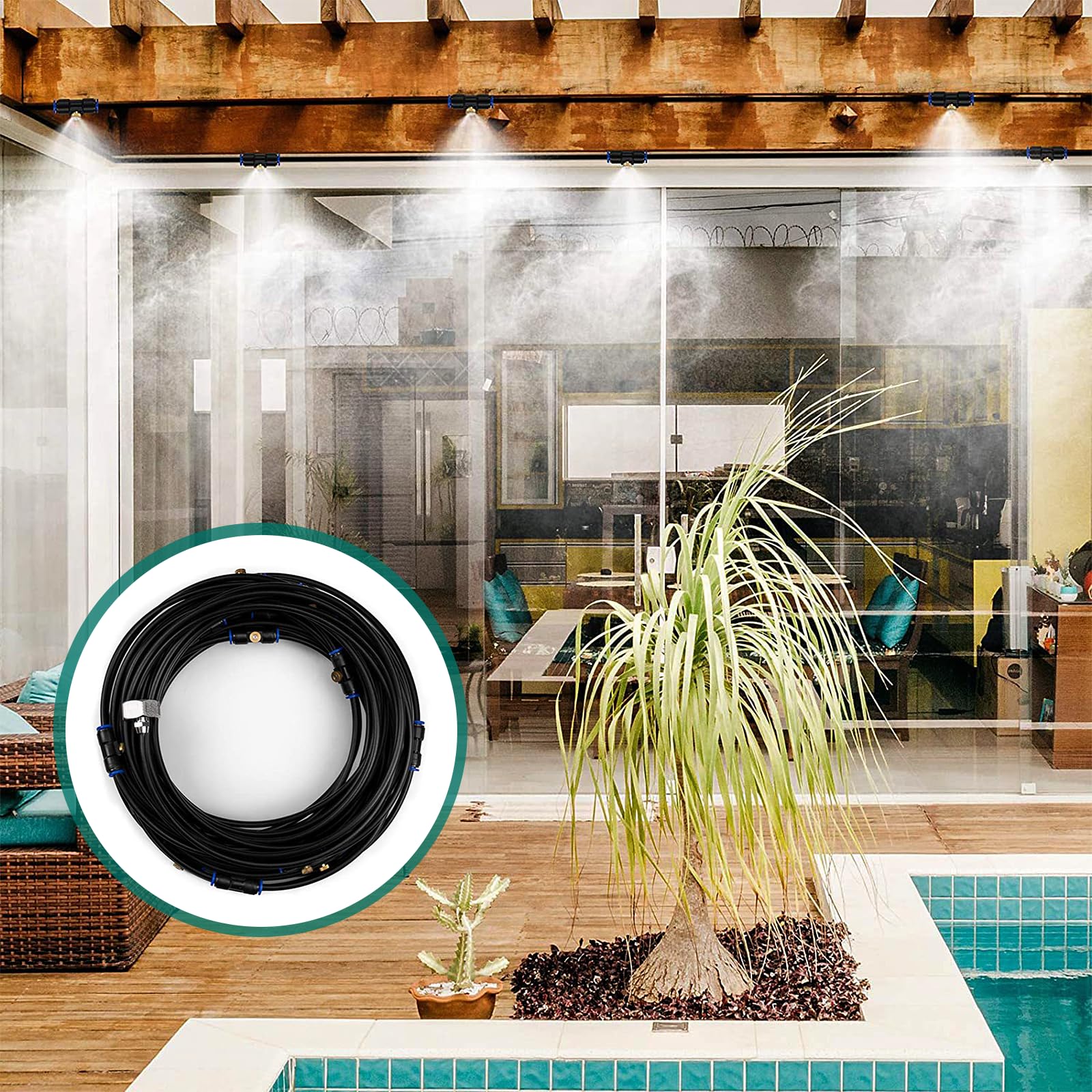 SprüHnebel Terrasse- Wassernebel KüHlung Bewässerungs System, Outdoor-NebelküHlsystem FüR Terrasse, 8-18m- Mit Wasserfilter, Terrassennebel Zum KüHlen Von AußEngewäChshaus (18 Meter)