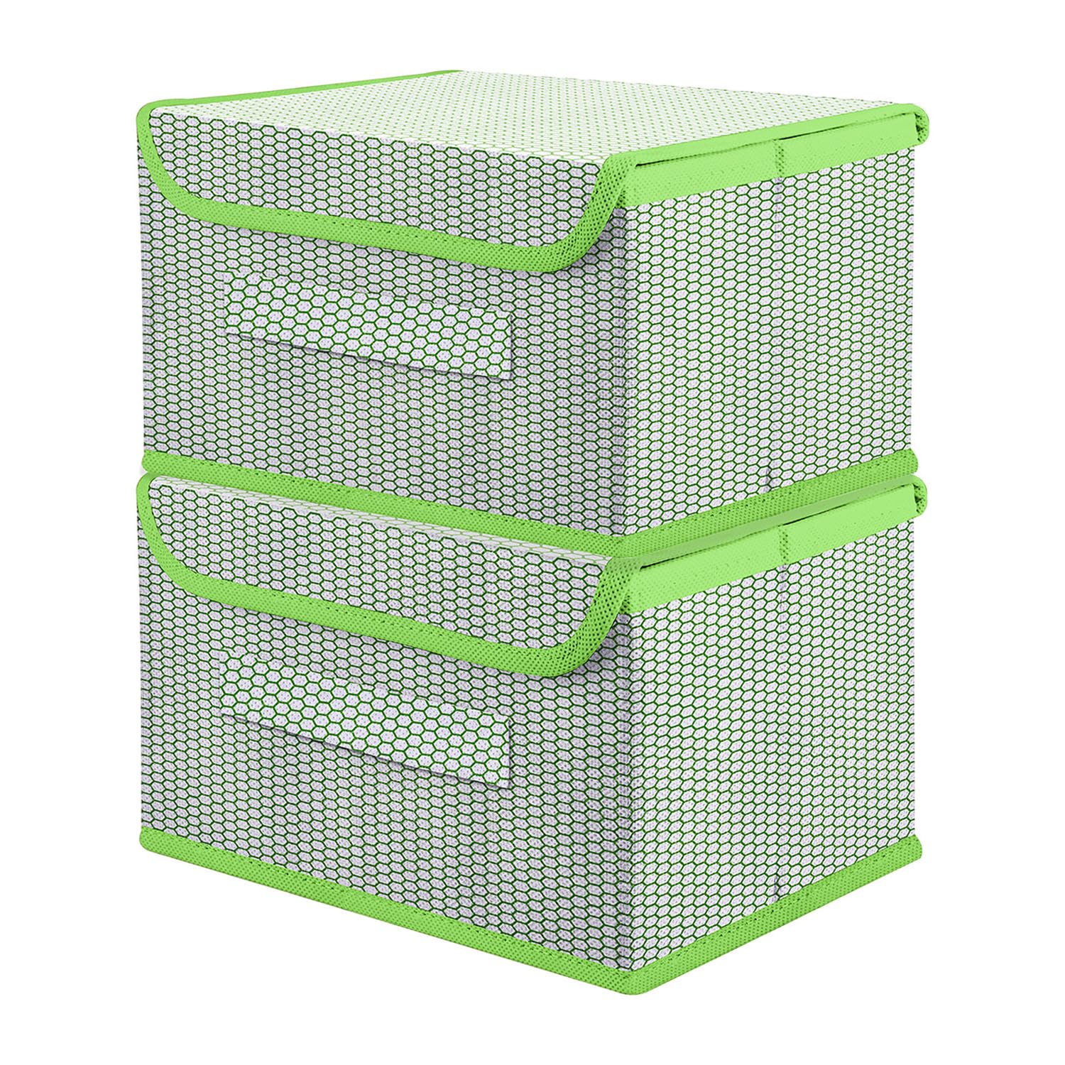 Kuber Industries Drawer Storage Box | Zig Zag Storage Box With Lid | Non-Woven Clothes Organizer For Toys | Storage Box with Handle | Medium | Pack of 2 | Green